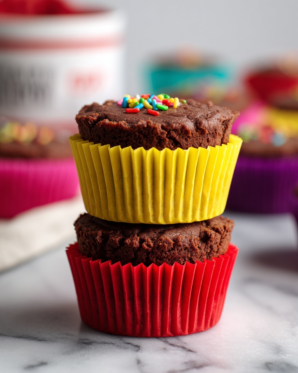 The image shows a close-up of two stacked small cupcakes in white paper liners, the top one in yellow and the bottom one in red. Both cupcakes have a rough, soft chocolate brown texture on top with colorful sprinkles scattered over them, including orange, blue, green, white, and yellow shapes. The cupcakes are placed on a white marbled surface, and a blurred Nutella jar is visible in the background. photo taken with an iphone --ar 4:5 --v 7