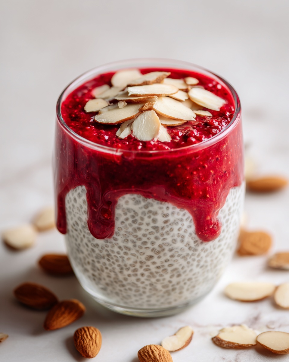 A clear glass cup holds a dessert with two main layers: the bottom layer is creamy white chia pudding dotted with tiny black chia seeds, and the top layer is a thick, bright red raspberry puree that slightly drips down the sides where it meets the pudding. On top, thin, pale beige almond slices are scattered, adding texture and a light contrast to the vibrant red. The glass sits on a white marbled surface with scattered almond slices around, and parts of another similar glass dessert are visible in the softly blurred background. photo taken with an iphone --ar 4:5 --v 7