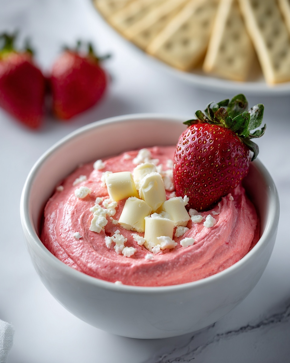 A white bowl filled with a thick, creamy, bright red strawberry mousse forming the bottom layer, topped with small uneven chunks of white chocolate scattered across the surface. A single large, fresh, red strawberry with green leaves sits on one side of the mousse. The bowl is placed on a white marbled surface, with a blurred background showing light brown crackers and more fresh strawberries. photo taken with an iphone --ar 4:5 --v 7