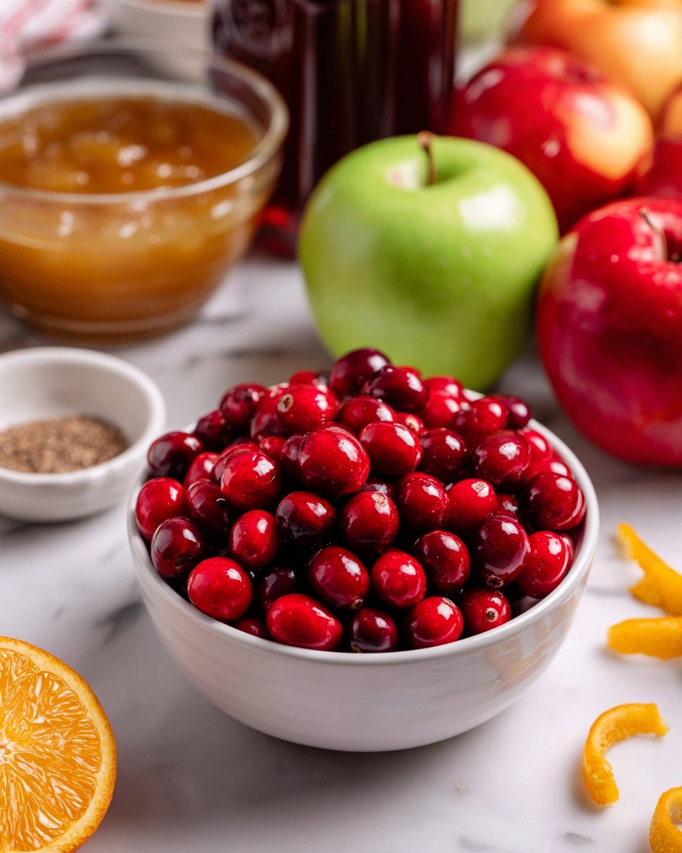A clear white bowl filled with bright red fresh cranberries sits in the center on a white marbled surface. To the left of the bowl is a small white dish with brown nutmeg and cloves powder. Behind the cranberries, there is a clear glass bowl containing golden applesauce. Next to the applesauce is a glass bottle filled with dark maple syrup, and fresh green and red apples are placed nearby. On the white surface are scattered orange zest curls, with an orange wedge placed at the bottom left. photo taken with an iphone --ar 4:5 --v 7