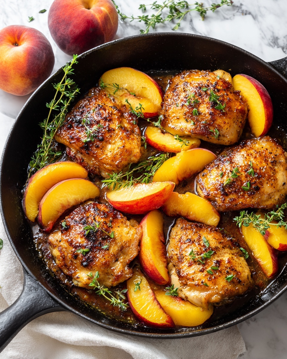 A black cast iron pan holds four pieces of golden-brown cooked chicken, each piece showing a crispy, slightly charred texture. Around and partly on the chicken are several peach slices with warm orange and pink-red shades, their lightly softened texture visible. Small green sprigs of fresh thyme are scattered across the chicken and peaches, adding a fresh touch. The pan sits on a white marbled surface, and three whole peaches with bright red and orange skin are placed around the pan. The scene is well-lit, highlighting the warm tones and textures of the dish. photo taken with an iphone --ar 4:5 --v 7