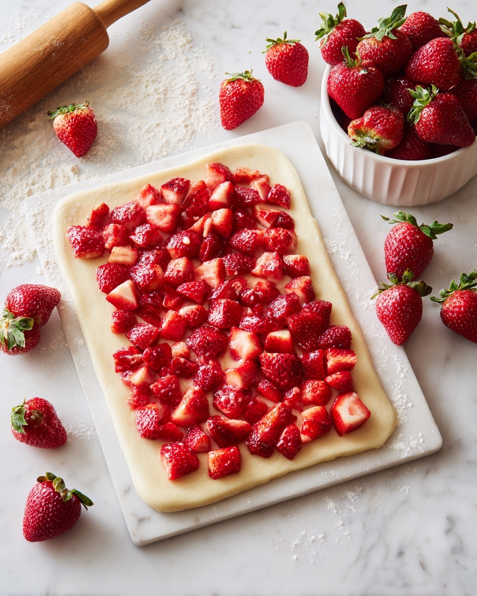 A flat rectangle of dough lies on a white marbled surface, spread evenly with a pale creamy layer. On top, there is a thick layer of small, bright red strawberry pieces covering the dough almost fully, scattered with some gaps. Around the dough, whole strawberries sit on the white marbled surface, and to the top right, a white bowl filled with whole strawberries is visible. At the top left, a wooden rolling pin rests on the surface dusted with flour. The image has a bright, clean look with soft natural light. photo taken with an iphone --ar 4:5 --v 7