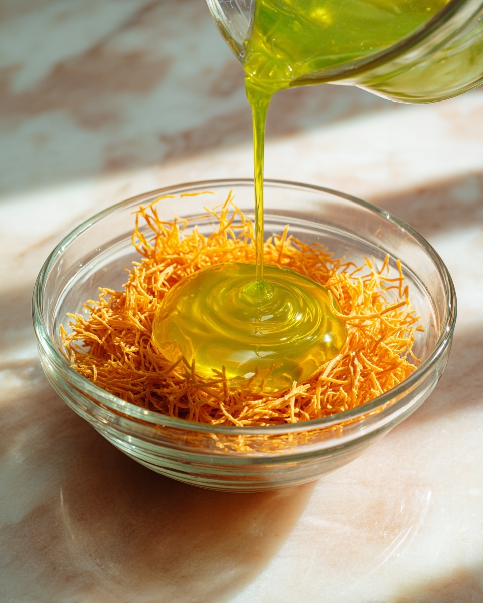 A clear glass bowl sits on a white marbled surface, filled with a base layer of thin, orange shredded pieces evenly spread out. In the center, a thick, smooth stream of bright yellow-green liquid is being poured, creating a shiny, swirling pool on top of the shredded layer. The lighting is natural, casting soft shadows and adding a warm tone to the scene. photo taken with an iphone --ar 4:5 --v 7