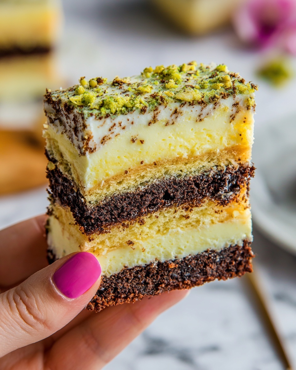 A close-up of a thick slice of layered cake held by a woman's hand with pink nail polish. The cake has four layers: a crumbly dark brown crust at the bottom, a thick pale yellow creamy layer above it, a thin dark brown crumbly layer, and a top layer that is a mix of light greenish-yellow and dark brown crumbs, giving it a rough texture. The background shows a white marbled surface with blurred elements of other foods and a white plate. photo taken with an iphone --ar 4:5 --v 7