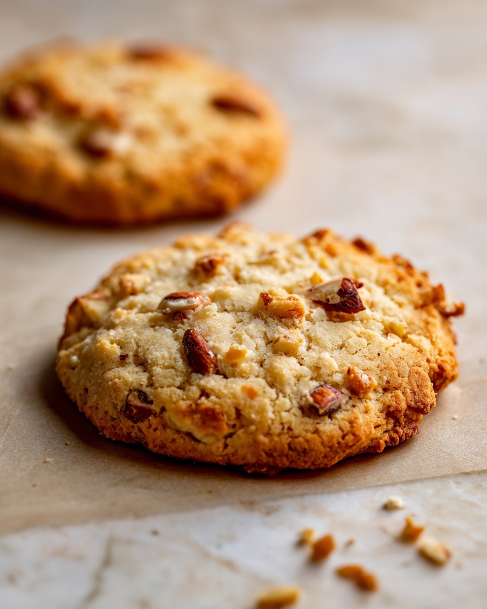 The image shows a close-up of a round cookie with a light golden-brown color and a soft, slightly crumbly texture. The cookie has several nuts visible on its surface, which are a light golden to brown shade, adding a bit of contrast and roughness to the otherwise smooth cookie top. The cookie rests on a light beige baking paper with part of another similar cookie blurry in the background. The surface beneath the baking paper is changed to a white marbled texture. The lighting highlights the cookie’s texture and the nuts clearly. Photo taken with an iphone --ar 4:5 --v 7