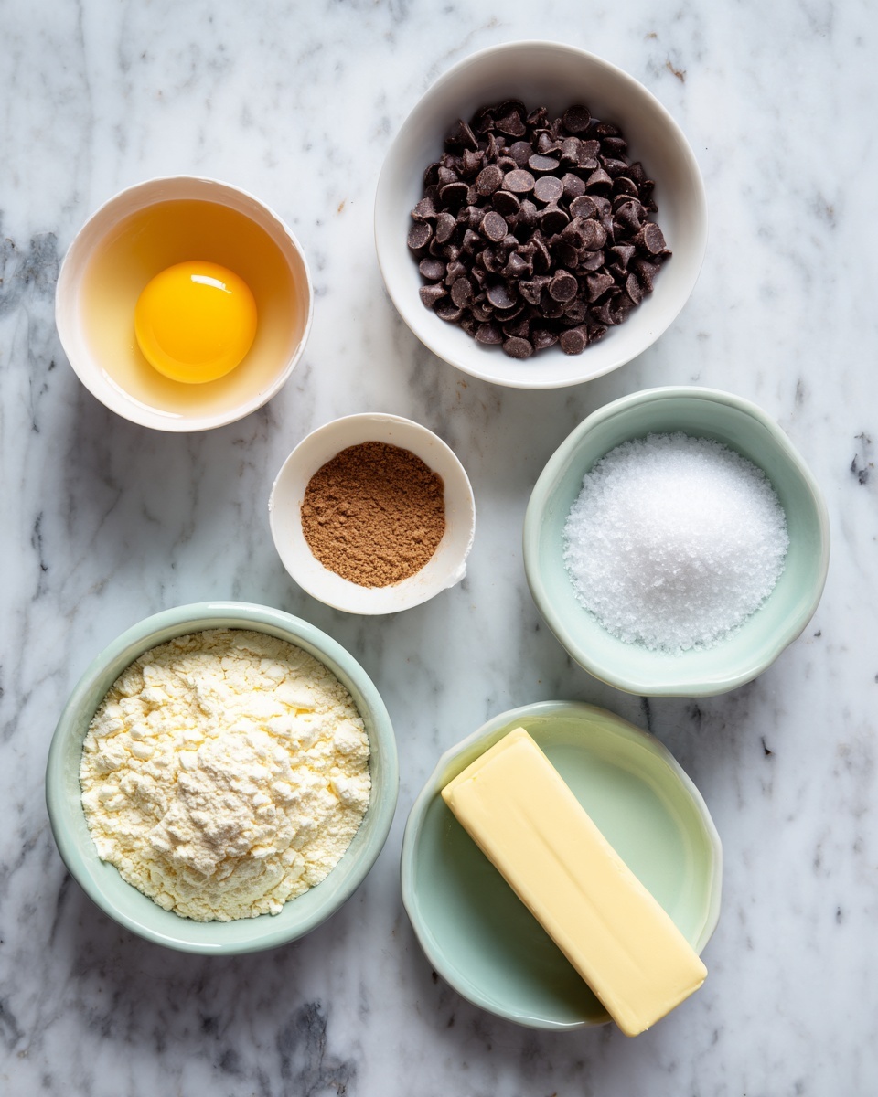 The image shows five bowls and a stick of butter placed on a white marbled surface. One small white bowl holds a cracked raw egg with a bright yellow yolk in the center. Next to it, there is a white bowl filled with dark brown chocolate chips. A pale green bowl contains brown sugar and white sugar side by side. Another pale green bowl at the bottom has a mixture of light yellow flour and white powder on top. Near the chocolate chips is a pale yellow stick of butter laying flat on the surface. The overall arrangement is simple and clean, with a top-down view. Photo taken with an iphone --ar 4:5 --v 7