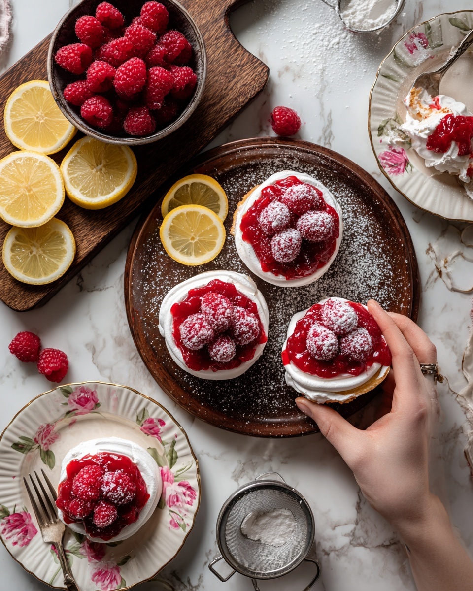 The image shows a small round dessert with three visible layers placed on a white plate with a floral pattern. The bottom layer is a pale, smooth meringue base with a slightly cracked texture and a light dusting of powdered sugar. On top of this is a thick, creamy white layer of whipped cream that generously covers the meringue’s surface. The top layer consists of several bright red raspberries placed in the center, coated lightly with powdered sugar that gives them a frosty appearance. To the right of the dessert on the plate lies a silver fork. In the background, there is a wooden board with raspberries and sliced yellow fruit, a lemon, a small white bowl containing red sauce, a fine mesh sieve, and a dark baking tray with another similar dessert, all set on a white marbled surface. photo taken with an iphone --ar 4:5 --v 7
