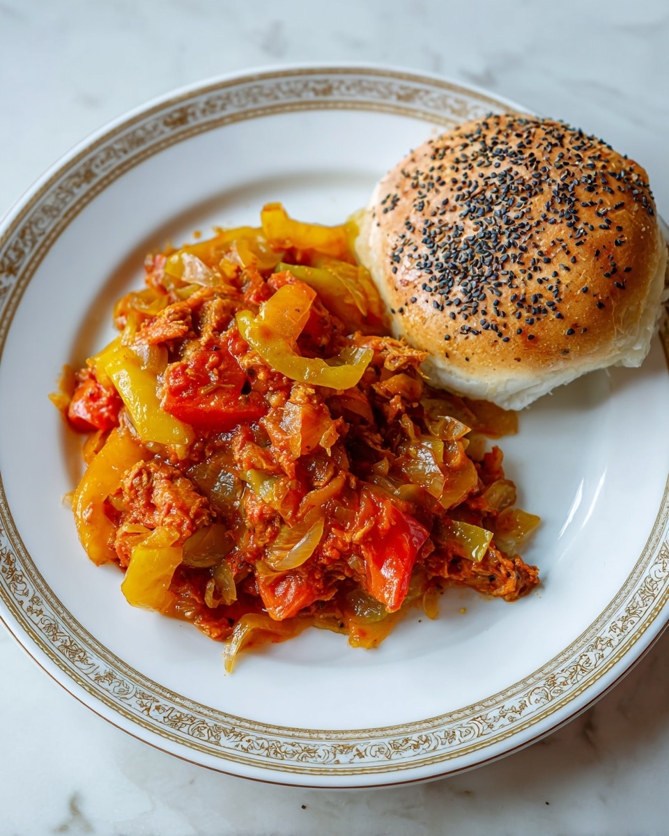 The image shows a white plate with a decorative gold rim. On the plate, there is a thick layer of cooked vegetables covered in a rich red sauce, with visible chunks of tomatoes and pieces of soft, pale yellow peppers. The sauce has a glossy texture and spreads slightly around the vegetable mix. To the right side of the plate, there is a round bread roll topped with black sesame seeds, resting next to the vegetable dish. The background is a white marbled texture. photo taken with an iphone --ar 4:5 --v 7