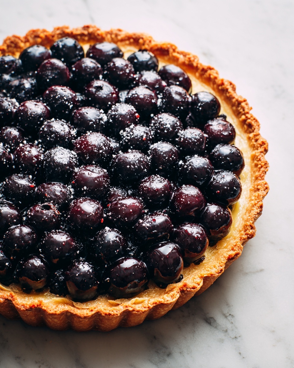 A rustic galette placed on a brown wooden surface, featuring a rough square-shaped golden-brown crust with uneven edges folded inward toward the center. The crust is flaky with textures of lightly browned spots on the surface. The filling is made of small dark purple berries that are densely packed, creating a deep, almost black center with a slightly glossy look. The edges of the crust are curved and show some cracks, revealing the dark filling beneath. photo taken with an iphone --ar 4:5 --v 7