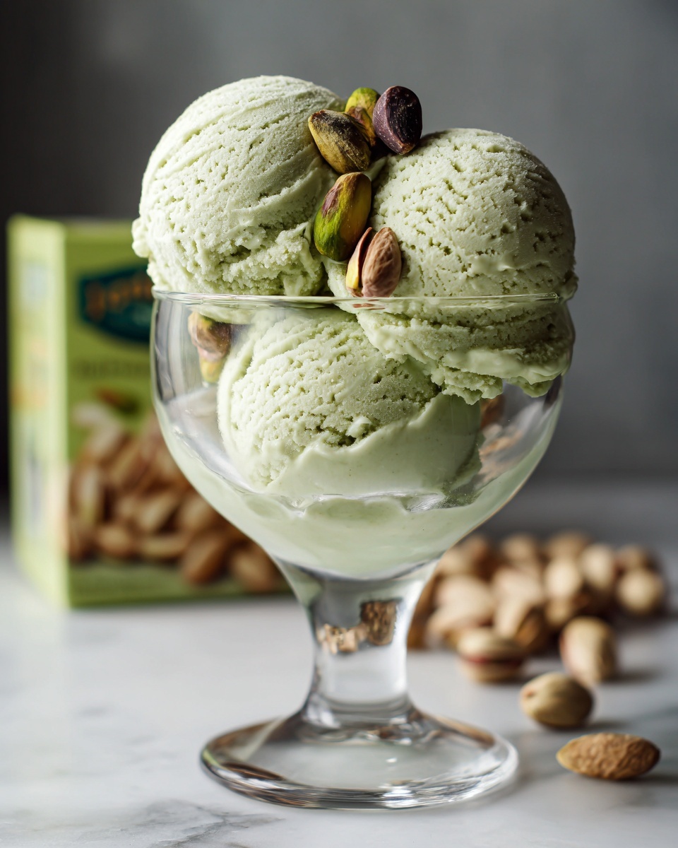 Two scoops of pale green pistachio ice cream with a grainy texture are placed in a clear glass dessert cup. The top scoop is decorated with several whole dark green and brown pistachio nuts. The cup is set on a white marbled surface with a blurred background showing more pistachio nuts and part of a white container. photo taken with an iphone --ar 4:5 --v 7