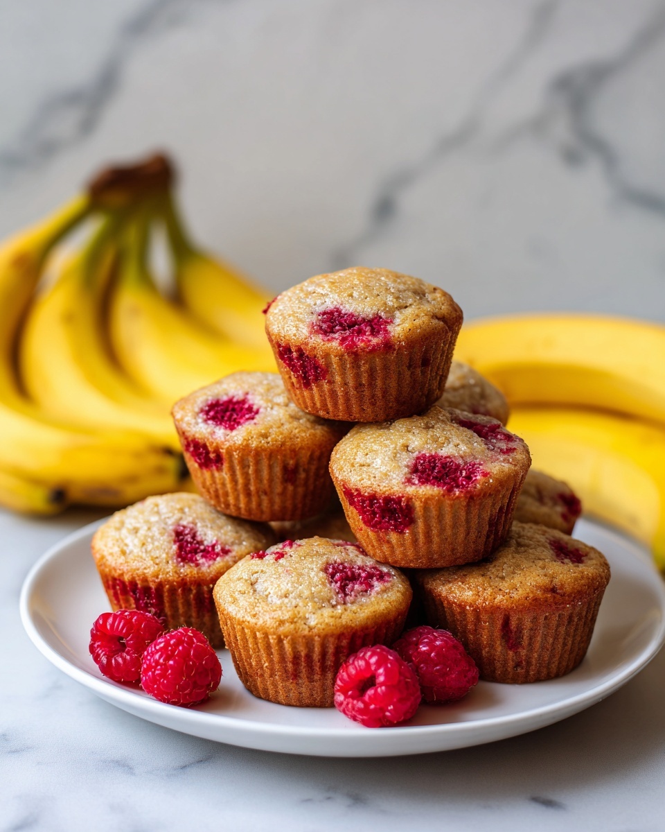A white plate holds a pile of six golden-brown muffins with visible bright red raspberries baked inside the tops and sides, giving the muffins a textured, slightly uneven surface. The muffins have white paper liners and look soft and moist. One fresh raspberry sits on the plate in front of the muffins. Behind the plate, there is a bunch of yellow bananas resting on a white marbled surface. The background is softly blurred, making the muffins and fruit the main focus. photo taken with an iphone --ar 4:5 --v 7