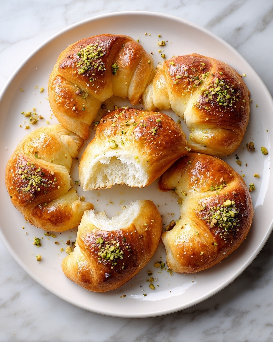 A white plate with nine golden brown, crescent-shaped pastries arranged in a loose circle, each pastry topped with small pieces of chopped pistachios. One pastry in the front right has a bite taken out, showing a soft white filling inside. The pastries have a smooth, slightly crispy outer texture with some darker golden spots, and the white marbled surface beneath the plate is slightly visible. photo taken with an iphone --ar 4:5 --v 7