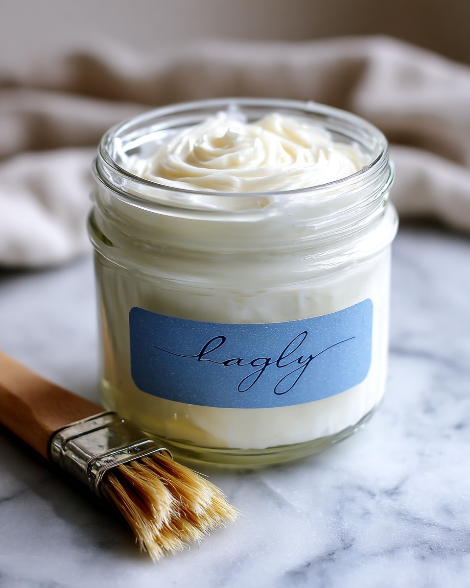 A clear glass jar filled with smooth, creamy white sauce that has soft swirls on the top surface, placed on a white marbled texture. The jar has a blue label with handwritten text. Near the jar, there is a paintbrush with a wooden handle and metal ferrule resting on the white marbled surface. In the background, a blurred light tan baking tray can be seen. Photo taken with an iphone --ar 4:5 --v 7
