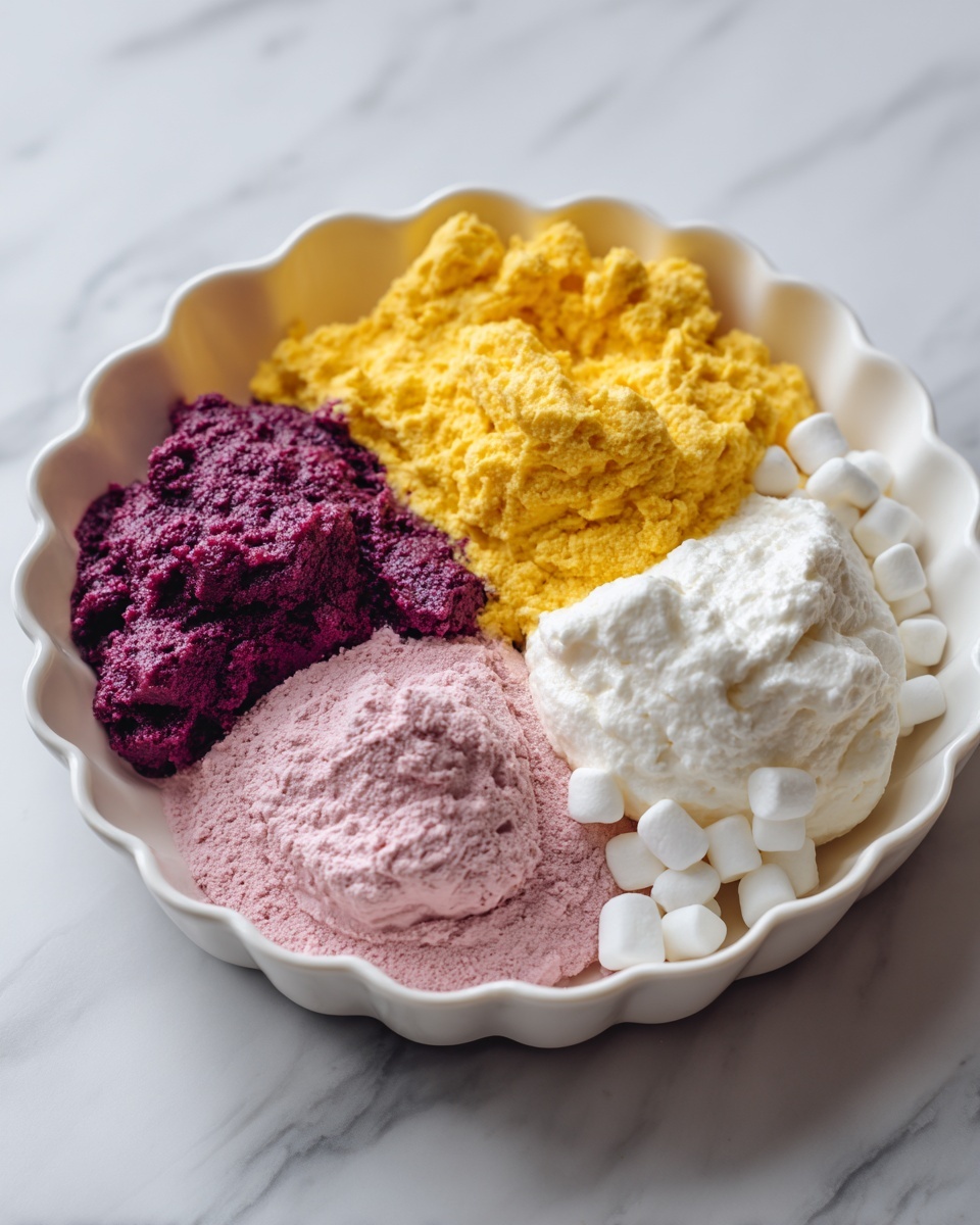 A white scalloped-edge dish holds five distinct layers neatly arranged side by side. In the upper left, there is a deep purple, thick and chunky fruit mixture with a shiny texture. Below that is a bright yellow, coarse and slightly chunky layer that looks like mashed fruit or squash. The center layer is a smooth, dry pink powder, finely ground, with a matte finish. To the right of the powder is a fluffy, smooth mound of bright white cream with soft peaks. Finally, bottom right next to the cream, there is a small pile of tiny, soft, white mini marshmallows. The dish sits on a white marbled surface. photo taken with an iphone --ar 4:5 --v 7