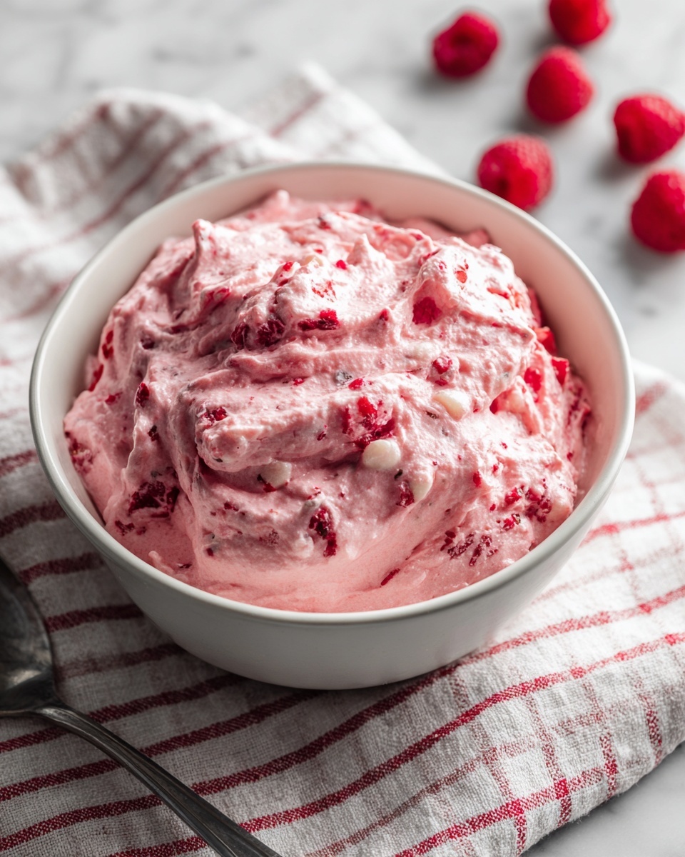 A close-up view of a white bowl filled with a creamy, light pink mixture that has a chunky texture showing small pieces of red fruit and white elements swirled throughout. The bowl is resting on a gray and white striped napkin placed on a white marbled surface. Scattered around the bowl are whole bright red cranberries, adding a pop of color in the background. A shiny silver spoon lies next to the bowl on the cloth. The lighting is soft and natural, highlighting the creamy and chunky texture of the mixture. photo taken with an iphone --ar 4:5 --v 7