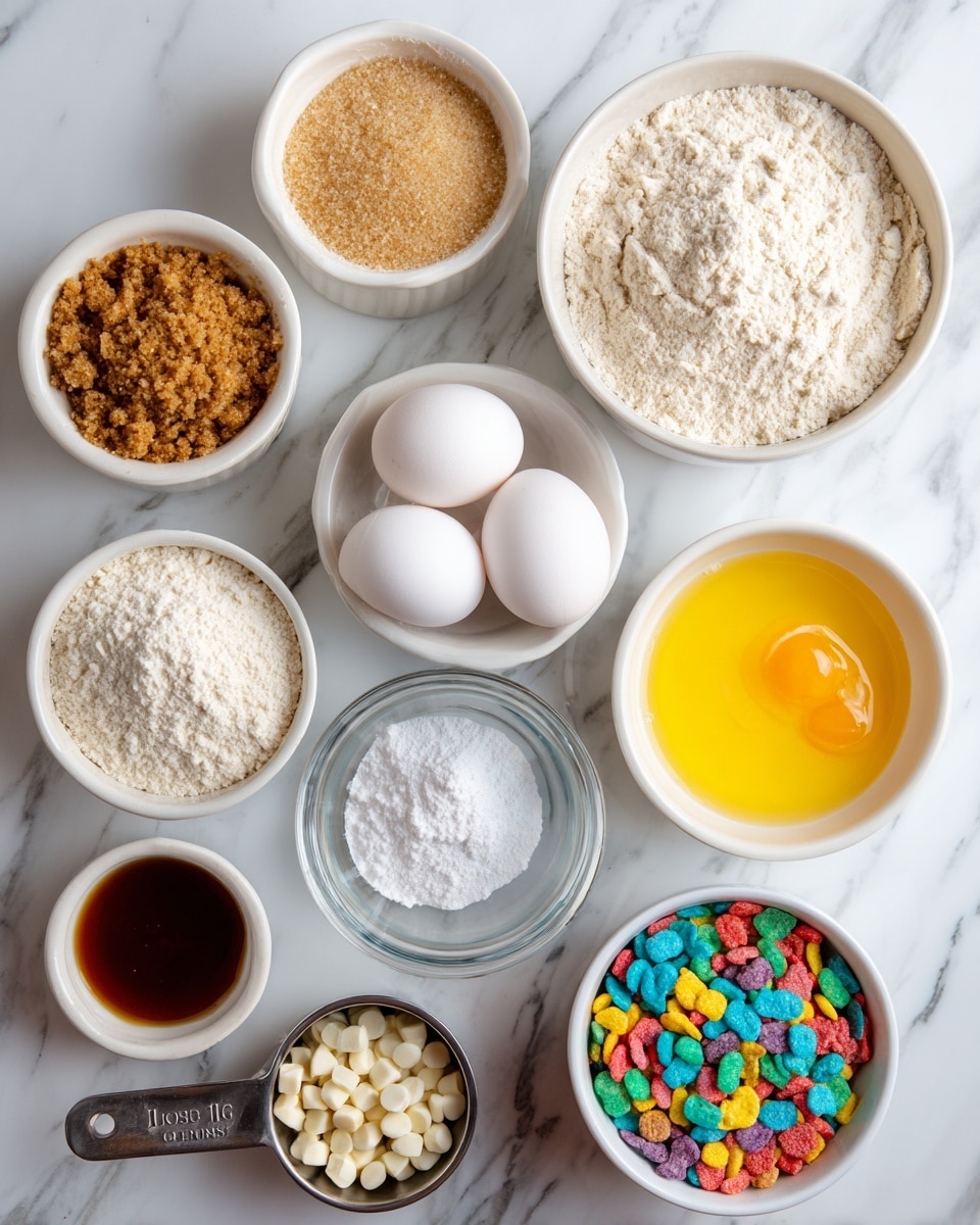 The image shows several small containers on a white marbled surface, each holding a different baking ingredient arranged neatly in rows. At the top center, a white bowl is filled with light beige flour. To its left, another white bowl contains light brown brown sugar with a crumbly texture, and below that, a white bowl holds bright yellow melted vegan butter that looks smooth and shiny. To the right of the flour is a small clear glass bowl with fine white baking powder and baking soda. Below the baking powder are two white eggs side by side, and next to them, a white measuring spoon holds a small amount of white salt. Bottom left shows a clear small bowl with dark amber vanilla extract. Nearby, a silver measuring cup is filled with small white chocolate chips, and next to that, there is a small white bowl filled with crushed colorful fruity pebbles crumbs, with pieces of red, orange, yellow, green, blue, and purple. Lastly, a white measuring cup filled with whole colorful fruity pebbles cereal with a crunchy texture sits near the bottom right. Each ingredient is labeled with black text above or near it. Photo taken with an iphone --ar 4:5 --v 7