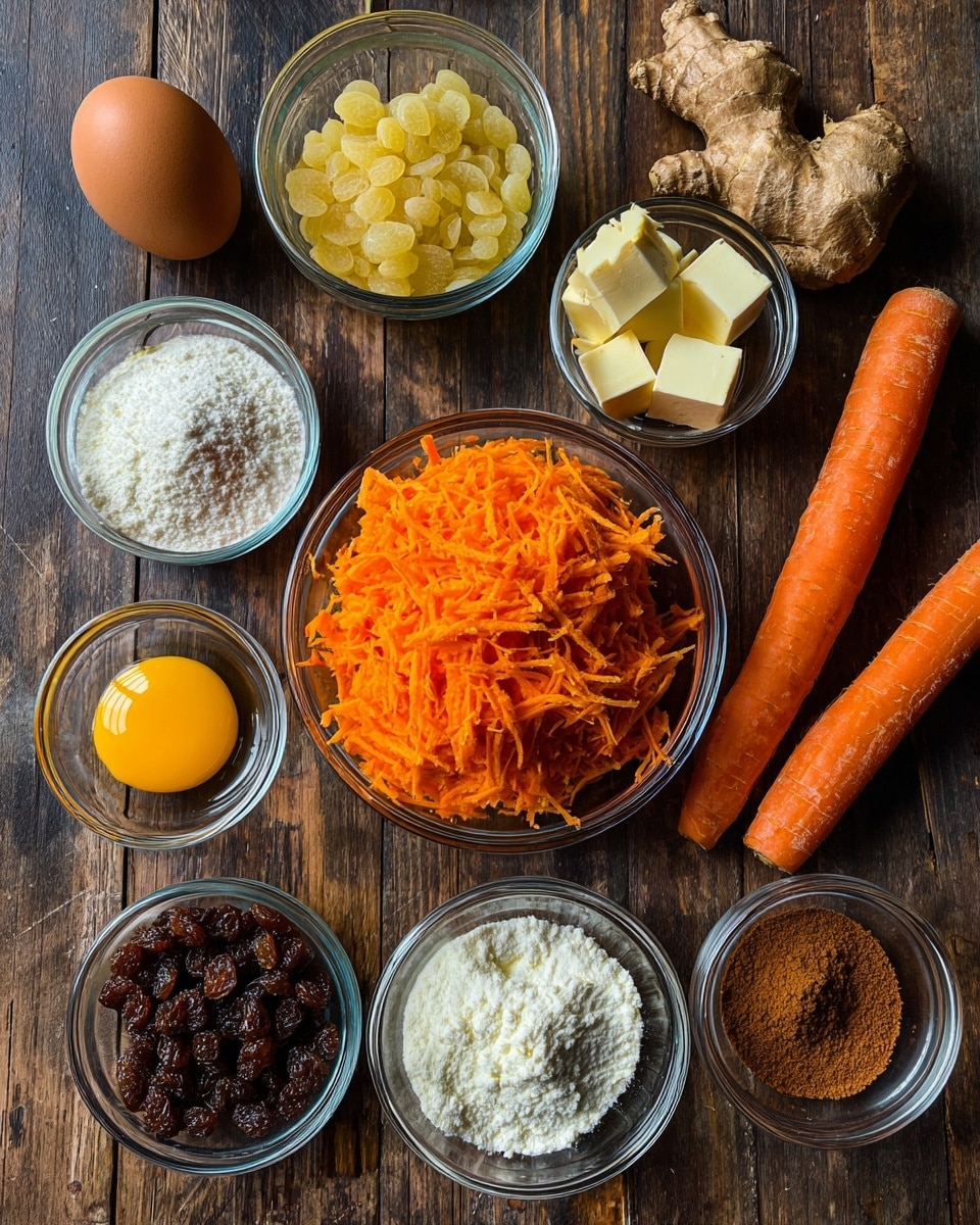 A top view of several ingredients on a dark wooden table with a white marbled texture underneath. In the center, there is a clear glass bowl filled with bright orange shredded carrots. Around it, smaller clear bowls hold light yellow raisins, a single cracked egg with a yellow yolk, white powdery substance, brown sugar, soft white cheese, light yellow butter chunks, dark brown cinnamon powder, and a dark liquid that looks like vanilla extract. Two whole orange carrots are placed on the table, one near the top right and one at the bottom center, and there is an unbroken brown egg near the top left. The arrangement is neat and organized. photo taken with an iphone --ar 4:5 --v 7