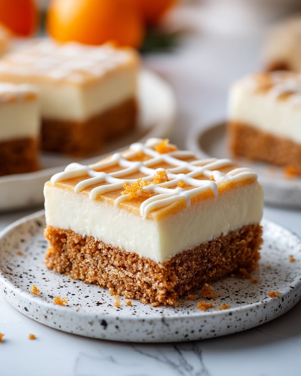 A close-up image of a square dessert bar with four clear layers. The bottom and third layers are light brown and crumbly, resembling a soft cookie crust. The second and top layers are thick, white, and creamy, looking like a smooth cheese or whipped cream mixture. The top layer has a white icing drizzle in a crisscross pattern covering the entire surface. The dessert sits on a white plate with tiny black specks on it, placed on a white marbled surface. photo taken with an iphone --ar 4:5 --v 7