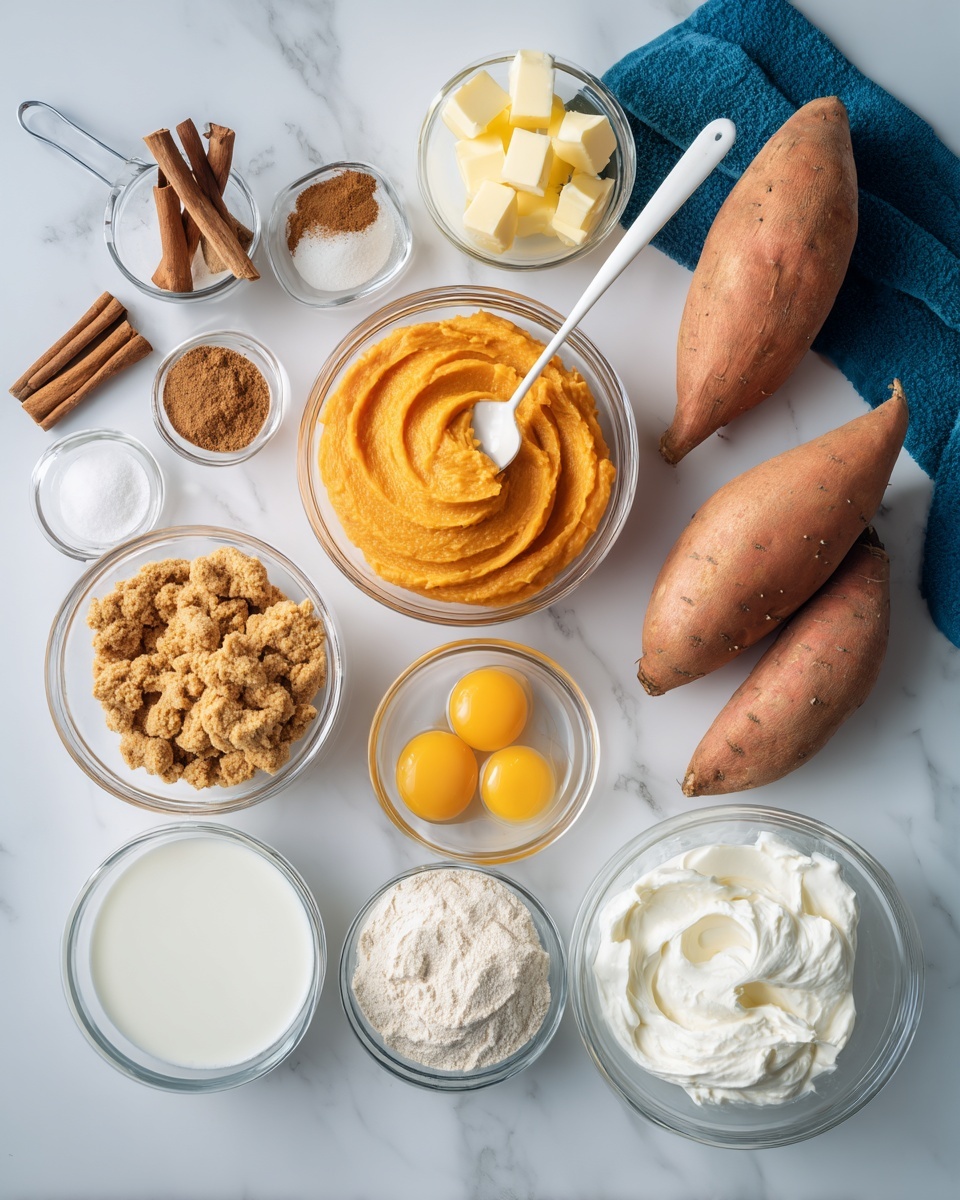 The image shows a top view of many baking ingredients arranged neatly on a white marbled surface. In the center, there is a clear round bowl filled with smooth, orange sweet potato puree with a white spoon inside it. Around it are two whole sweet potatoes at the top right and top center. To the right, there is a small clear bowl filled with yellow cubes of butter. Below that is a medium clear bowl of white liquid, likely milk. Further below is a clear bowl with four raw eggs showing bright yellow yolks and clear egg whites. Next to it on the bottom right is a clear bowl filled with white whipped cream or similar. At the bottom left is a large clear bowl full of light brown crushed graham crackers or crumbs with a white spoon. Above it is a small clear bowl with white thick yogurt or cream. To the left upper side are two clear small bowls with light brown and ground spices, and a small bowl with dark brown vanilla extract. To the upper left is a brass measuring cup filled with white granulated sugar and tied cinnamon sticks on the very top left along with a blue cloth. Photo taken with an iphone --ar 4:5 --v 7