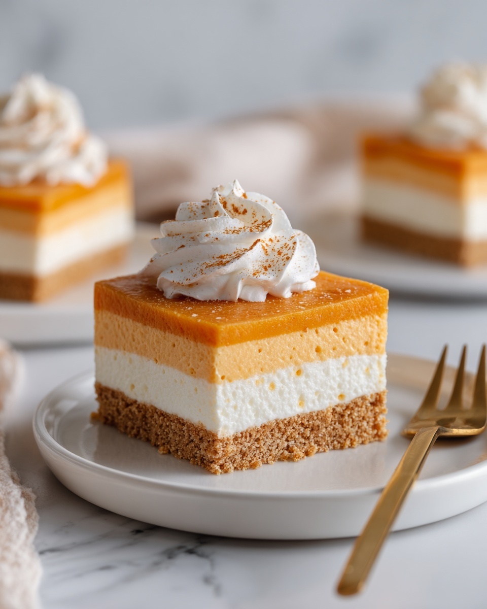 A square slice of layered pie on a white plate with a white marbled texture underneath. The bottom layer is a light golden crust, followed by a thin, creamy white layer in the middle. The top layer is a thick, smooth orange filling dusted lightly with spices. On top of the orange layer is a swirl of white whipped cream. There is a blurred gold fork to the side and a bright turquoise cloth partially visible at the bottom left corner. Photo taken with an iphone --ar 4:5 --v 7