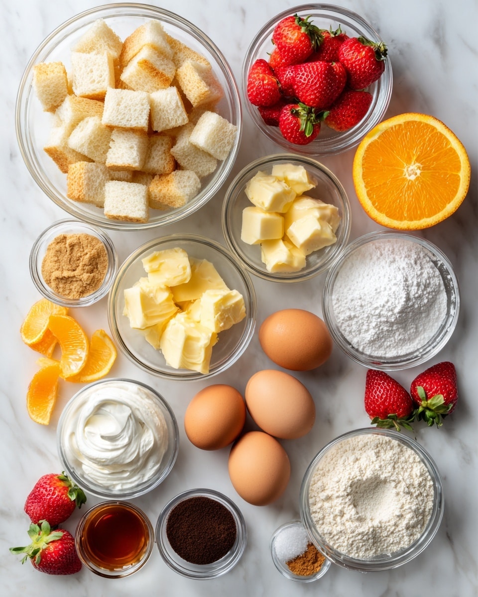 A top-down view of various baking ingredients placed on a white marbled surface. At the top left, a large clear glass bowl is filled with small cubes of white and light brown bread. Near it is a halved orange with bright orange flesh and some orange peel curls. There are multiple small clear glass bowls arranged around, each containing different ingredients: soft yellow butter chunks, dark brown ground spice, light brown sugar, white whipped cream, red strawberries with green leaves, powdery white flour, seven whole brown eggs, white granulated sugar, coarse salt, and light amber vanilla extract. A few sliced strawberries and orange peels are scattered artistically around the bowls. The overall look is colorful with natural tones contrasting the white marbled background. photo taken with an iphone --ar 4:5 --v 7