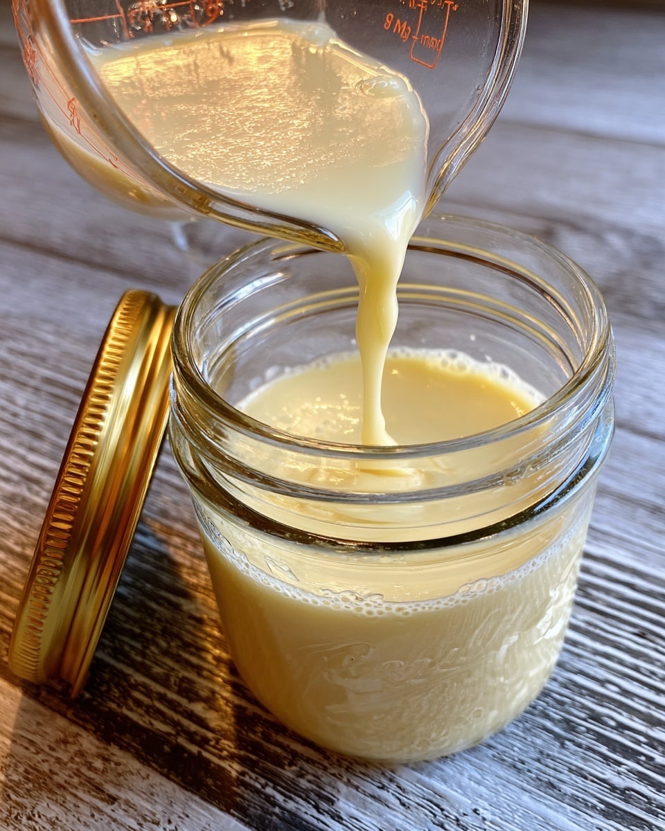 A close-up image shows a thick, creamy light yellow liquid being poured from a clear glass measuring cup into a clear glass jar with a gold lid placed alongside it. The liquid appears smooth and rich, filling up the jar. The background surface has a dark wood texture, but it should be imagined as white marbled texture. photo taken with an iphone --ar 4:5 --v 7