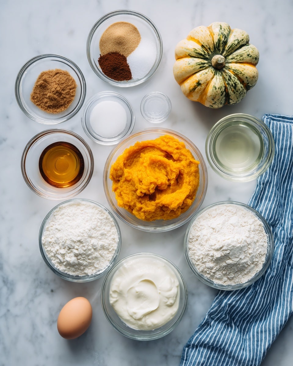 The image shows various cooking ingredients arranged neatly on a white marbled surface. At the top right, there is a small, round, yellow and green pumpkin. Around it, there are small clear glass bowls holding brown sugar, white sugar, cinnamon powder, two types of vanilla extract, and a small amount of salt and baking powder. In the center, there is a bowl filled with bright orange pumpkin puree. Below it, a larger bowl holds white flour, while another bowl contains white creamy yogurt. An egg is cracked open in a small clear bowl near the bottom left, alongside a bowl of clear liquid, likely oil. The ingredients are spaced out evenly with a blue and white striped cloth nearby, making the layout clean and simple. Photo taken with an iphone --ar 4:5 --v 7