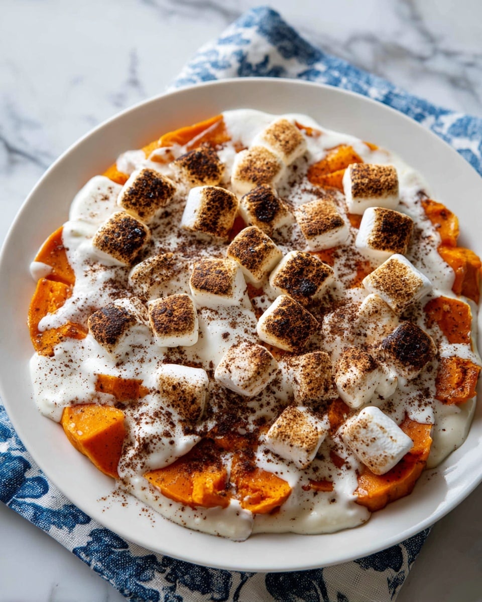 A white plate holds a dish made of soft orange chunks of cooked sweet potatoes as the bottom layer, topped with a layer of melted, toasted white marshmallows with brown spots from toasting, and drizzled with white creamy sauce that spreads unevenly over the marshmallows and sweet potatoes, creating a mix of textures and colors on a white marbled surface, with a slightly blurred background showing part of another white plate and a blurred silver kitchen tool near the top left corner; photo taken with an iphone --ar 4:5 --v 7