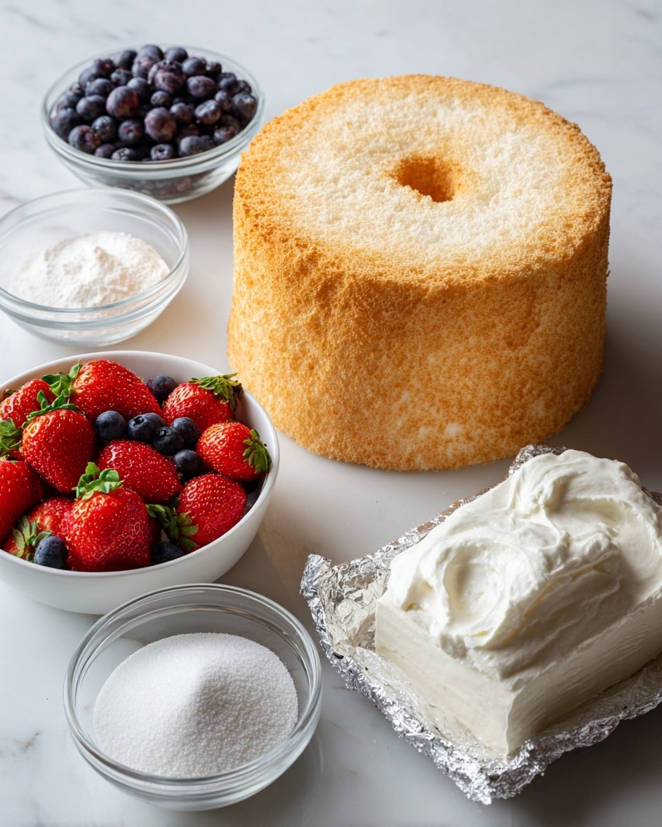 A round angel food cake with a light golden brown top and fluffy, spongy texture is placed directly on a white marbled surface. Nearby, there is a white bowl filled with fresh strawberries and blueberries, showing bright red and deep blue colors with a smooth texture. Several small glass bowls hold white granulated sugar, white powdered sugar, and thick white heavy cream, each with a fine or smooth texture. Next to these bowls, a silver-wrapped block of cream cheese rests on the white marbled surface. The entire arrangement is clean and bright, with a soft natural light highlighting the different textures and colors. photo taken with an iphone --ar 4:5 --v 7