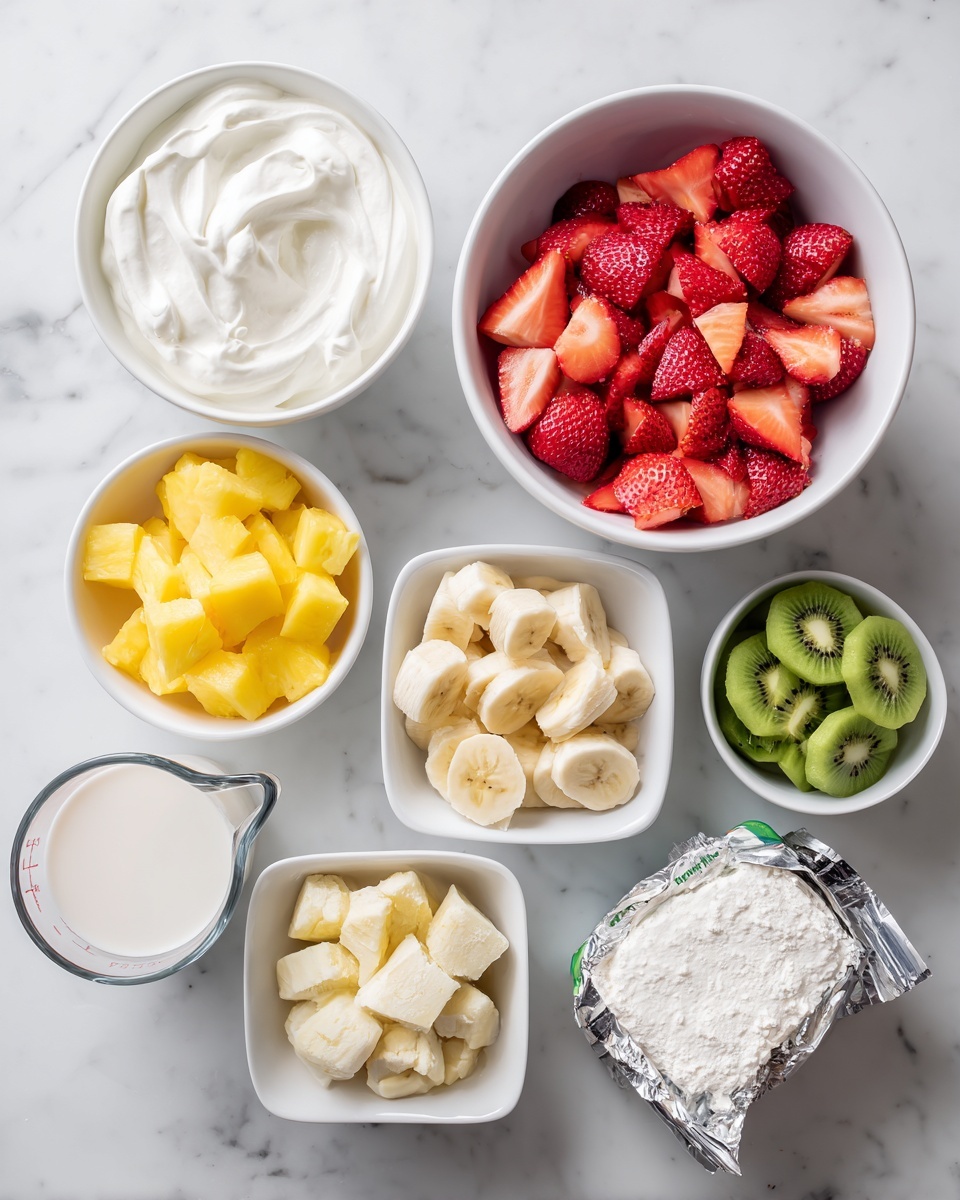 A top view of several small white bowls and glass bowls arranged on a white marbled surface, each filled with different fresh fruits and ingredients. At the top left, a glass bowl holds yellow pineapple chunks, next to it a white bowl contains sliced green kiwi. Below, a large glass bowl is filled with red strawberries and purple grapes mixed together. To the left, a small white bowl holds green lime zest, and another small bowl beside it contains pale yellow lime juice. Below these, a white bowl with bright orange mandarin slices is visible. On the right side, a small clear jar of honey with a yellow lid stands next to two smaller white bowls filled with dark blackberries and plump blue blueberries. Each fruit and ingredient is clearly shown with natural colors on a clean white marbled background, photo taken with an iphone --ar 4:5 --v 7
