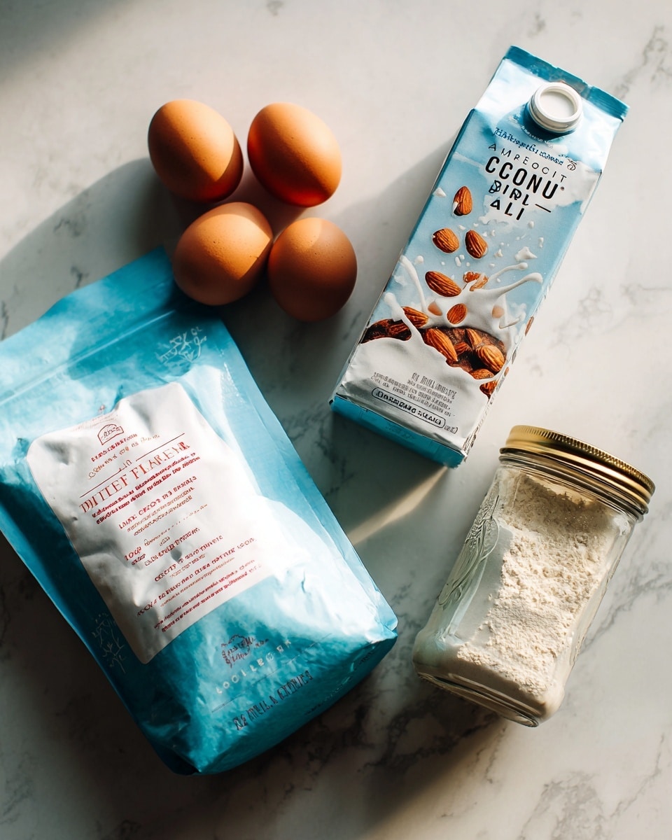The image shows four food items placed on a white marbled surface. On the top left, there are three brown eggs closely grouped. Below them, there is a light blue bag of gluten-free baking flour with darker blue and red text on the bag showing baking flour details. To the right of the eggs and flour, there is a tall carton of almond milk with a blue and white design and images of almonds splashing into milk. At the bottom right, there is a clear glass jar with a golden lid filled with white coconut oil with a label showing “Coconut Oil” in black text. The whole setup is lit softly with natural light. photo taken with an iphone --ar 4:5 --v 7