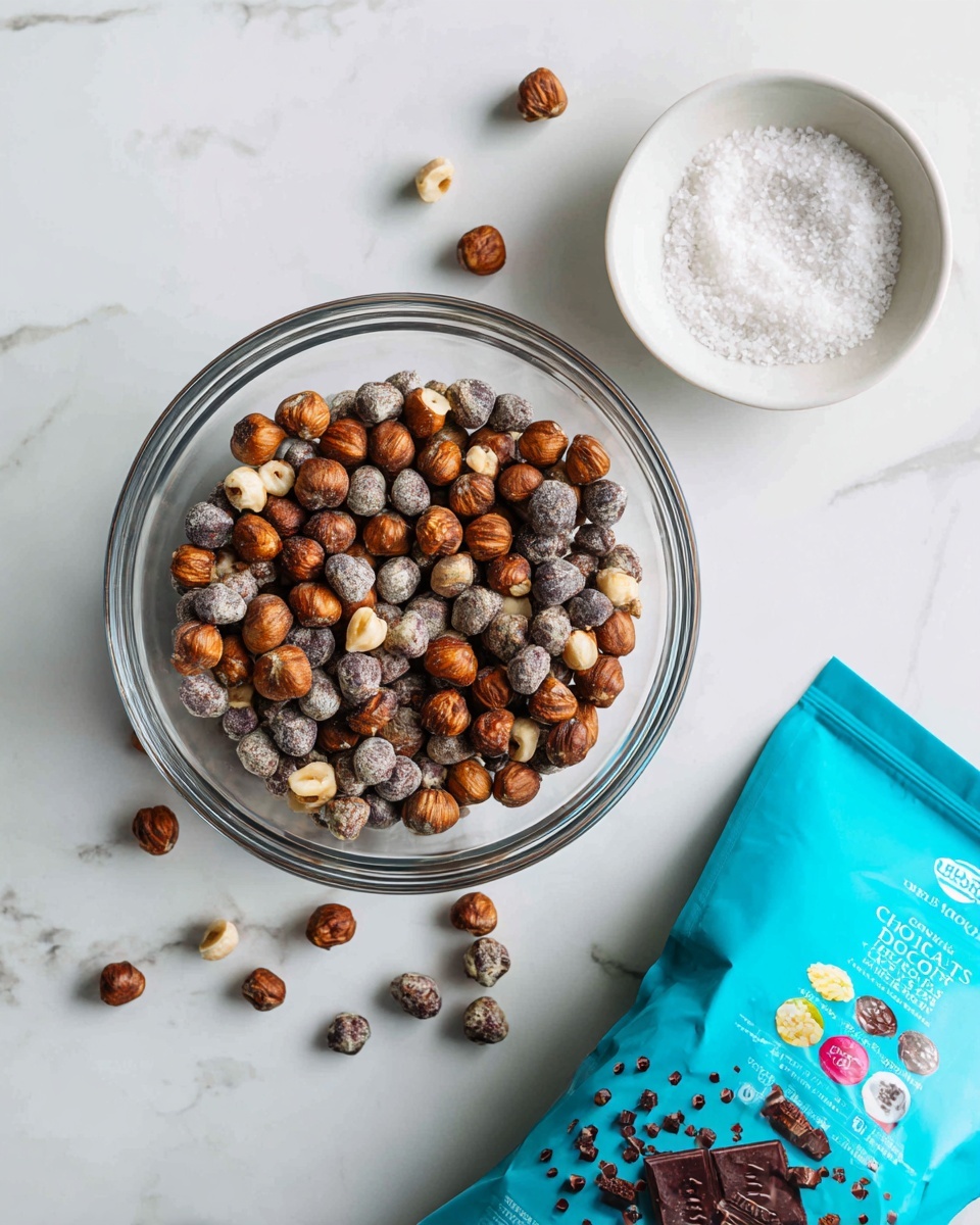 A clear glass bowl filled with halved and whole hazelnuts showing light to dark brown shades and natural texture is placed on a white marbled surface. To the right of the bowl, there is a small white bowl filled with fine white salt. Below these, there is a bright turquoise blue bag of dark chocolate morsels, featuring colorful text and images of small dark chocolate drops scattered near the bottom edge. photo taken with an iphone --ar 4:5 --v 7