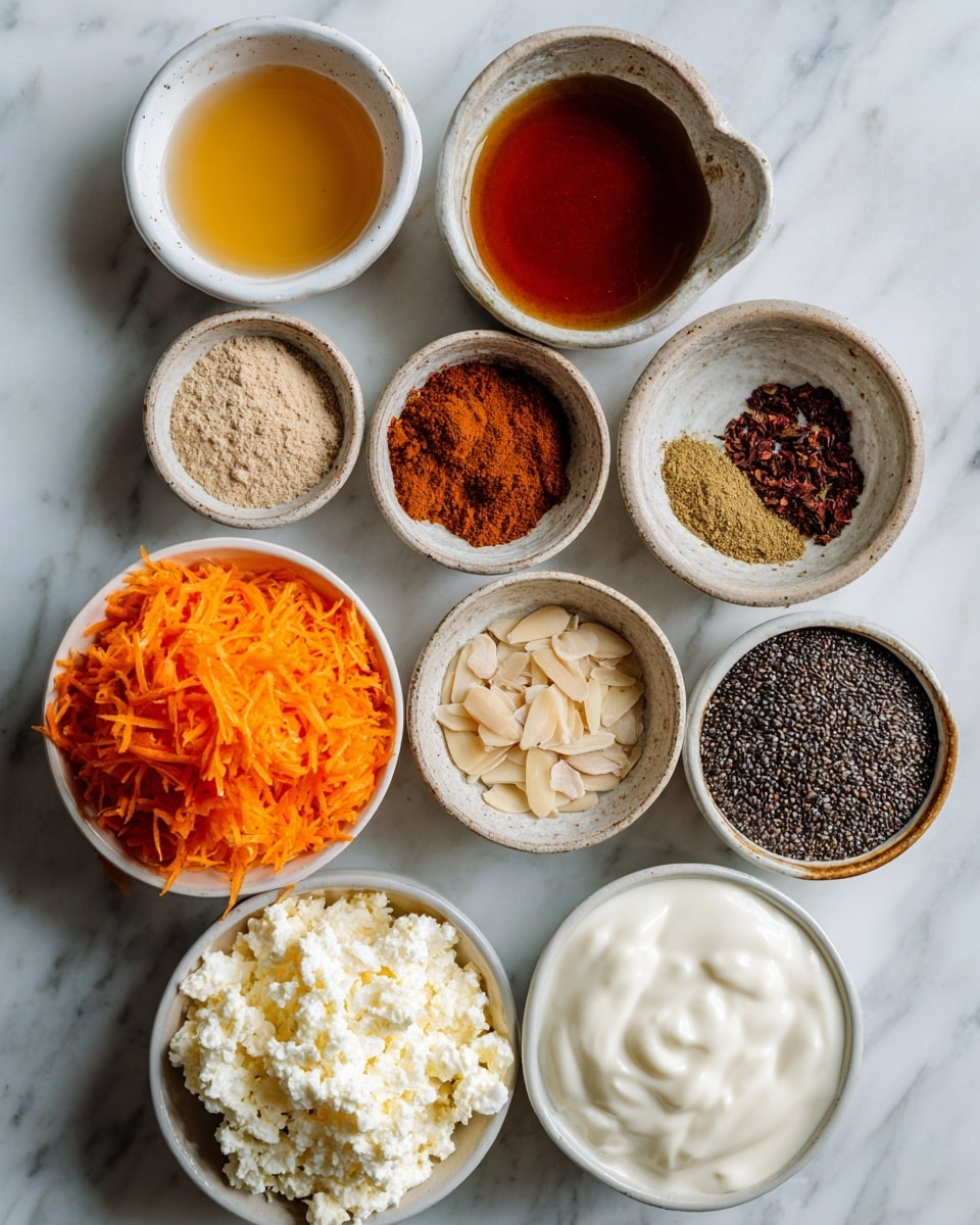 The image shows ten small white bowls on a white marbled surface, each filled with a different ingredient. From top left to right, there is a small bowl of light amber vanilla liquid, a larger bowl with dark amber maple syrup, a small bowl with light brown ground cardamom, and another small bowl with dark reddish cinnamon powder. Below them are four more bowls: a small bowl of light brown ginger powder, a small bowl filled with pale sliced almonds, a large bowl of creamy oat milk, and a large bowl of black chia seeds. At the bottom left, there is a large bowl of finely grated bright orange carrot, and next to it, a large bowl filled with bumpy, creamy white cottage cheese and another large bowl of thick white Greek yogurt. The bowls are neatly arranged and the photo has a clean, natural light. Photo taken with an iphone --ar 4:5 --v 7