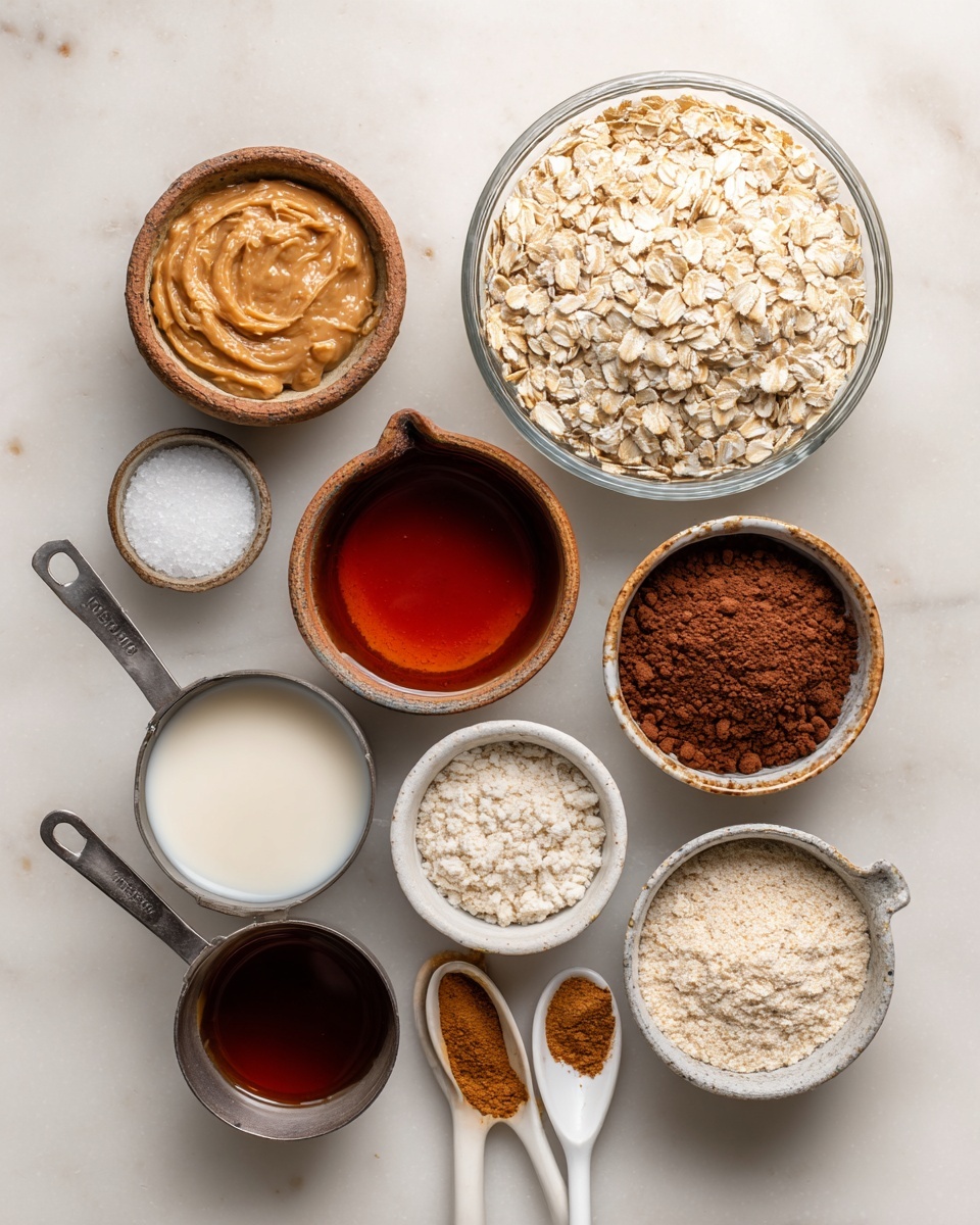 A top view of small bowls and measuring cups arranged on a white marbled surface, holding different baking ingredients: a large clear glass bowl filled with light beige rolled oats at the center right; a metal measuring cup on the left filled with creamy light brown peanut butter; a small brown ceramic bowl above it with dark amber vanilla extract; a small white bowl above right with fine white sea salt; a metal measuring cup below peanut butter filled with white almond milk; a metal measuring cup below almond milk holding dark reddish brown maple syrup; a small brown cup below maple syrup filled with rich dark brown cocoa powder; a small white bowl on the bottom right with pale beige protein powder; two small white ceramic spoons at the bottom with warm brown nutmeg on the left and dark brown cinnamon on the right photo taken with an iphone --ar 4:5 --v 7