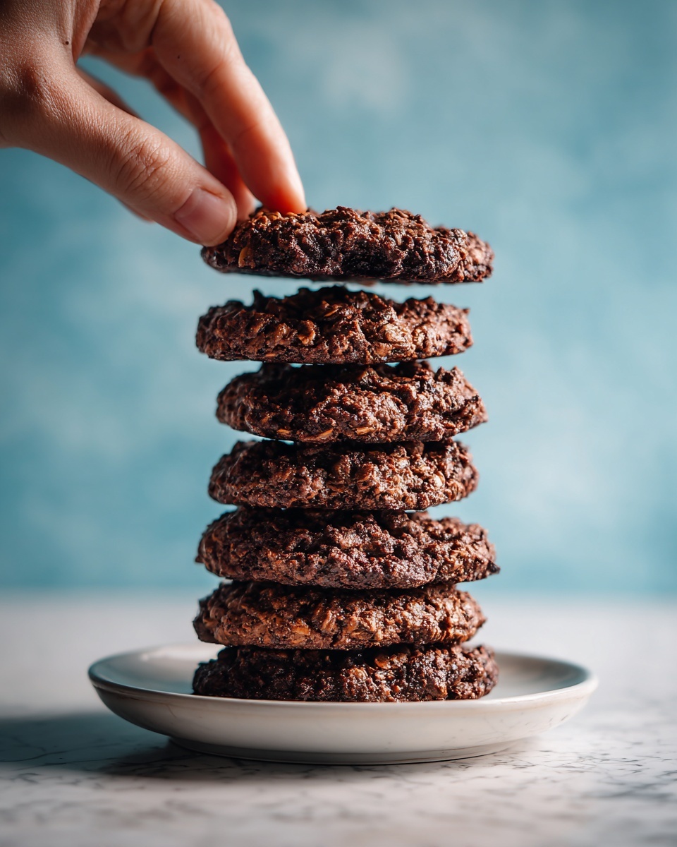A stack of six thick, dark brown oatmeal cookies with visible oats and a rough texture is placed on a white plate. A woman's hand is holding the top cookie, slightly separated from the rest. The background has a soft blue hue, and the surface beneath the plate shows a white marbled texture. The cookies appear moist and chewy with natural, uneven edges. photo taken with an iphone --ar 4:5 --v 7