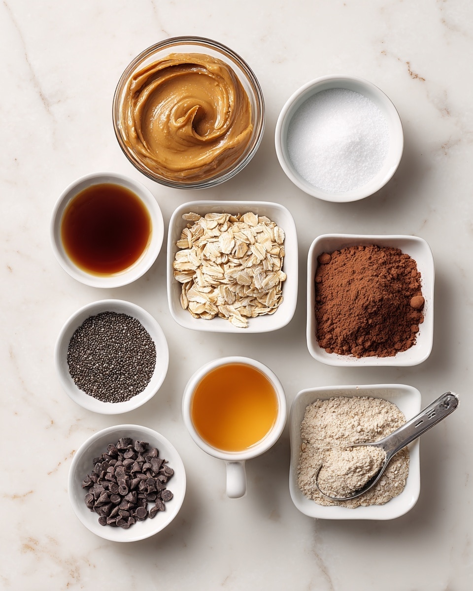A top-down view of nine small white bowls and dishes arranged on a white marbled surface, each holding a different ingredient. At the top center is a clear glass bowl with smooth, light brown peanut butter. To the left is a small white bowl with dark amber vanilla extract, and to the right, a white bowl filled with white sea salt. Below, a clear glass bowl contains light beige rolled oats. To the right of the oats is a square white dish with a mound of dark brown cacao powder. Below the oats, a small white dish holds black chia seeds with a silver measuring spoon resting on top. Next to it is a white cup filled with amber honey. Near the bottom are two more white bowls, one with dark brown chocolate chips and the other with off-white protein powder. Each ingredient is labelled with white text boxes. photo taken with an iphone --ar 4:5 --v 7