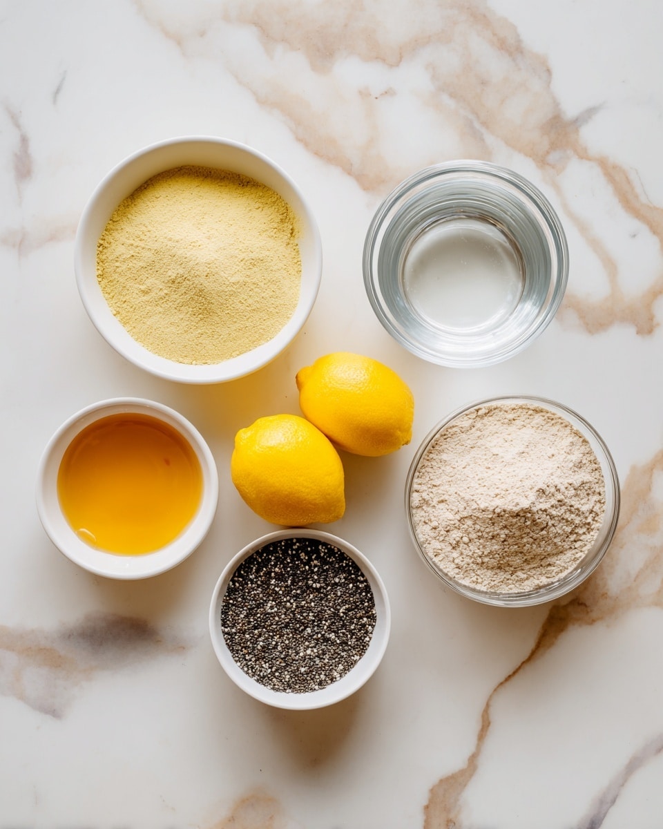The image shows six ingredients placed on a white marbled surface: a white bowl filled with a pale yellow powder labeled protein powder on the top left, a clear bowl with water on the top right, two bright yellow lemons in the middle, a white bowl with golden honey on the bottom left, a white bowl filled with small black and white chia seeds on the bottom right, and a large clear bowl holding light beige oat flour at the bottom center. The arrangement is neat and the colors contrast well against the white marbled background. photo taken with an iphone --ar 4:5 --v 7
