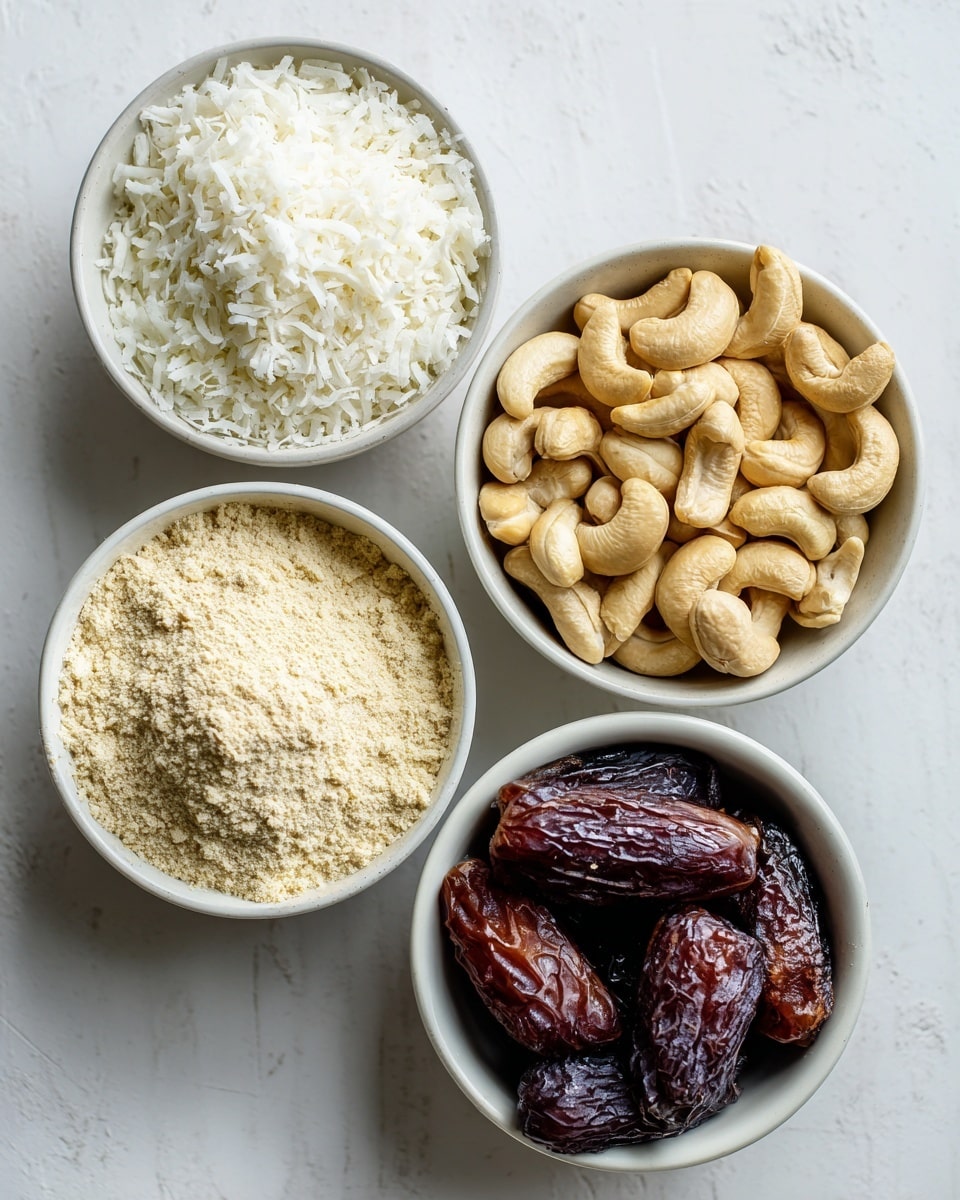 Four white round bowls are placed on a white marbled surface in a loose square shape. The top left bowl is filled with off-white shredded coconut that has a soft, flaky texture. To its right, a bowl holds many light brown unsalted cashew nuts with a smooth, curved shape. Below the coconut bowl is a white bowl containing beige vanilla whey protein powder that looks fine and powdery. At the bottom right, there is another white bowl filled with dark brown Medjool dates that have a wrinkled and glossy texture. Each bowl is clearly labeled with black text above or beside it. Photo taken with an iphone --ar 4:5 --v 7