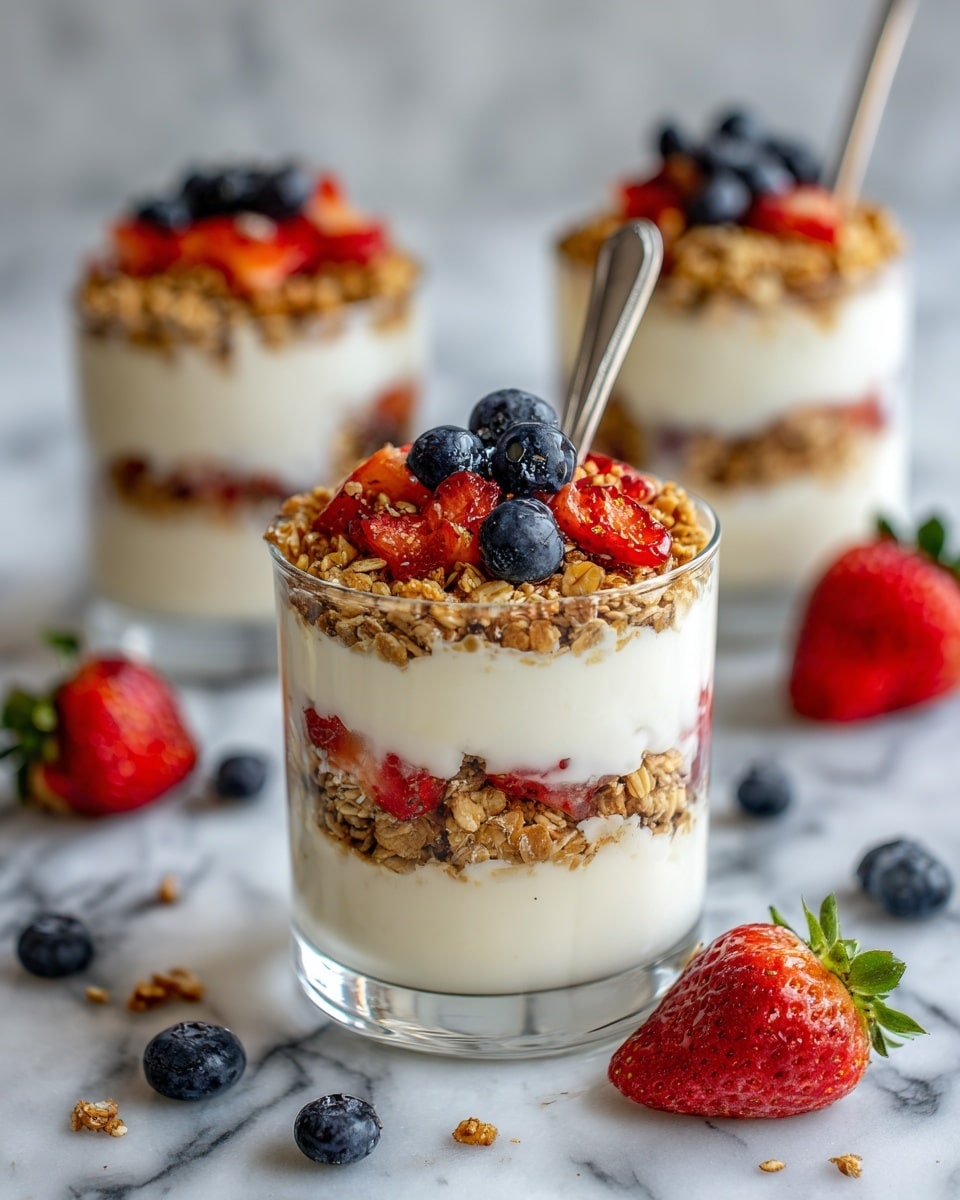 A clear cup filled with three main layers: the bottom layer is creamy and white, the middle layer is a sprinkling of light brown crumbly granola, and the top layer is a mix of whole blueberries and chopped strawberries in red and blue colors. A silver spoon rests inside the cup on the left side. Around the cup, there are scattered whole blueberries and strawberries on a white marbled surface. In the background, two more similar cups with the same layers are slightly out of focus. photo taken with an iphone --ar 4:5 --v 7