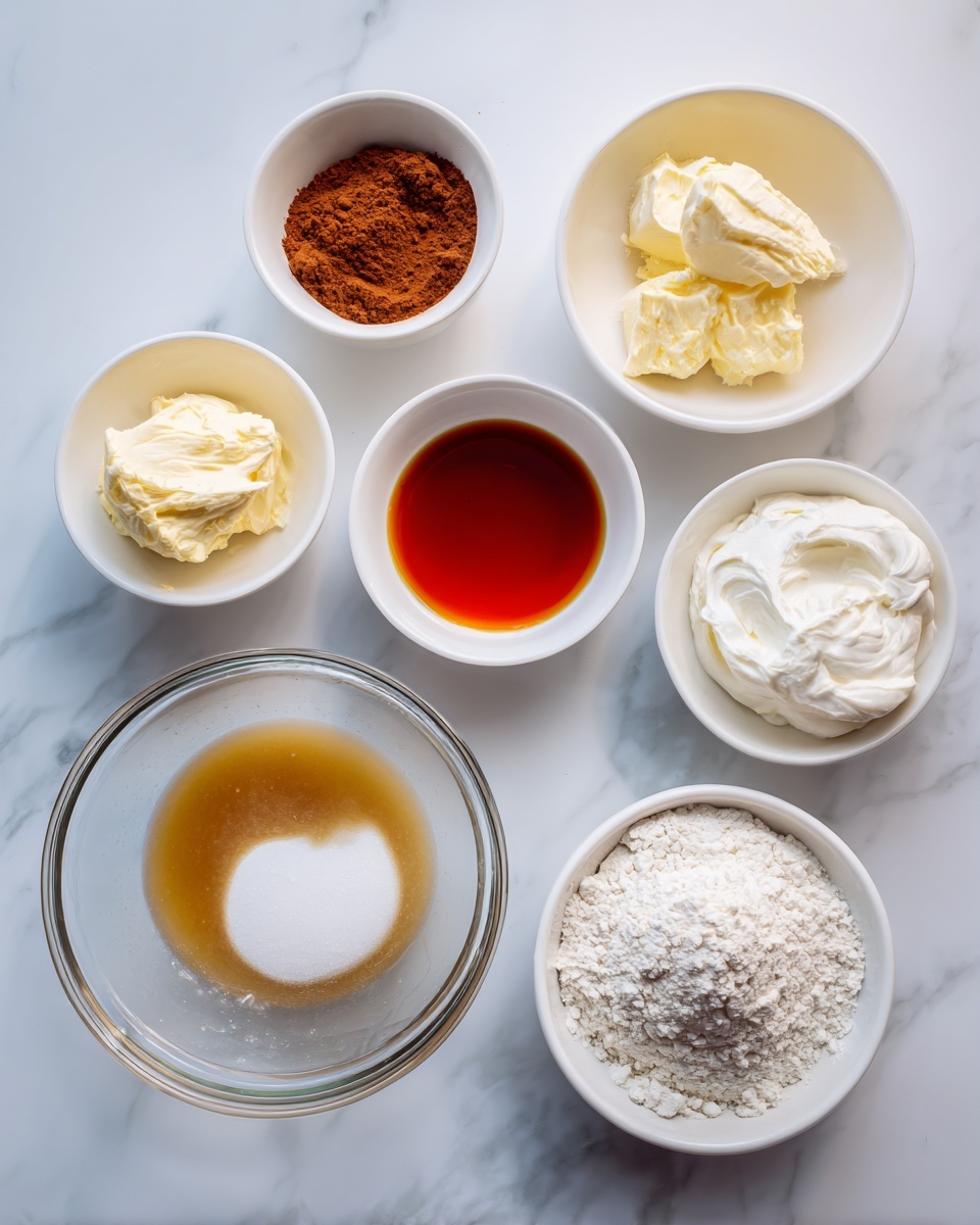 The image shows several small white bowls and a clear glass bowl arranged on a white marbled surface. Inside the glass bowl at the bottom left are wet ingredients, including a light brown liquid and a white substance. Around this bowl are six white bowls with different ingredients: one bowl has brown powder, another has light yellow butter, one contains thick white cream, another has a dark orange liquid, one has white flour, and the last bowl holds a light beige powder. The setup looks clean and organized, ready for making a recipe. Photo taken with an iphone --ar 4:5 --v 7