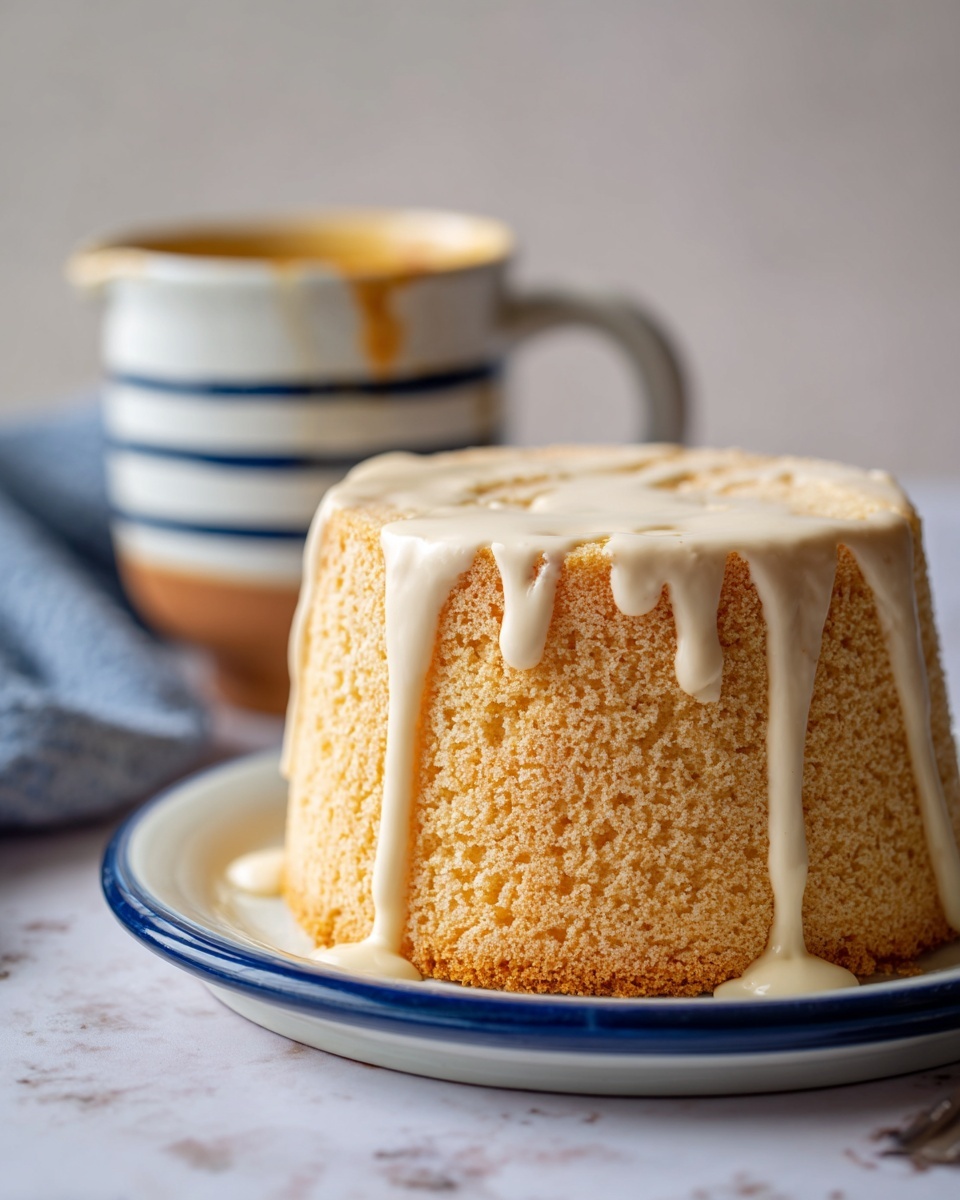 A single tall, round, light brown cake with a rough texture sits on a white plate with a thin blue rim. The cake is covered with a thick, creamy light beige sauce that drips down the sides and pools slightly at the base. Behind the plate is a matching white cup with a blue rim, partially filled with the same creamy sauce, and some sauce has dripped down the cup's side. The background features a dark setting with a hint of a red cloth partially visible. The whole scene is set on a white marbled surface. photo taken with an iphone --ar 4:5 --v 7