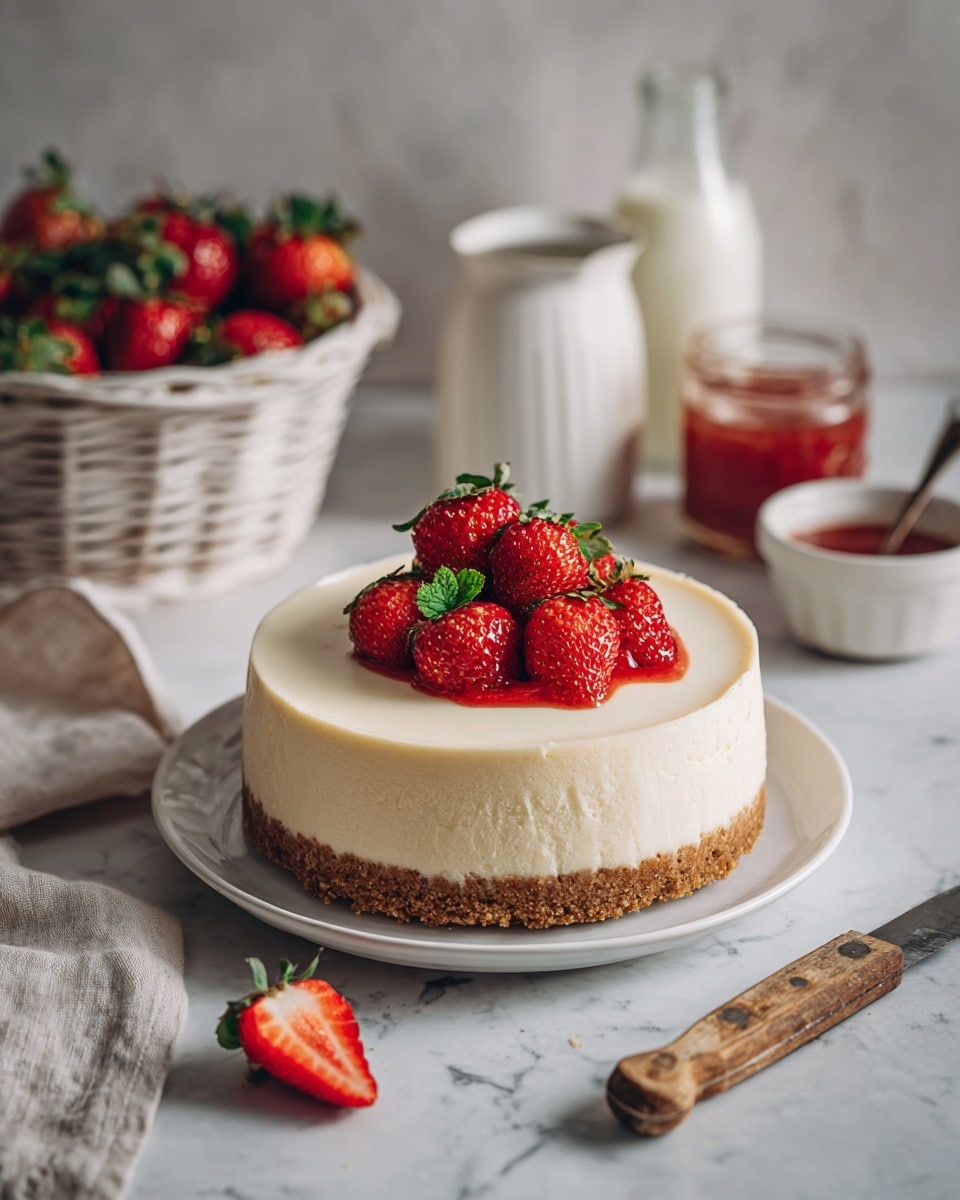 A round cheesecake with two visible layers sits on a white plate on a white marbled surface. The bottom layer is thick and brown with a crumbly texture showing the crust. The top layer is smooth, creamy, and light beige, covering the whole top of the cake. On the center top of the cheesecake, there is a small pile of fresh red strawberries with green leaves. Around the cake, there are some halved strawberries, a white basket full of strawberries in the background on the left, and a glass bottle of milk with a spoon on the right side, all on a white marbled surface. A white cloth with red text is in the bottom left corner. photo taken with an iphone --ar 4:5 --v 7