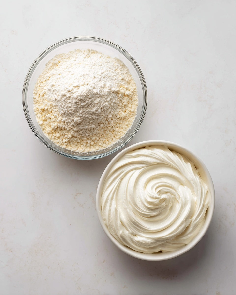 The image shows two bowls on a white marbled surface. The bowl on the left is clear glass and contains a mix of dry white and light yellow powders, probably flour and other dry ingredients, layered unevenly. The bowl on the right is a white bowl filled with fluffy, whipped white mixture with a smooth, soft texture, showing peaks and swirls. Both bowls are viewed from above. Photo taken with an iphone --ar 4:5 --v 7