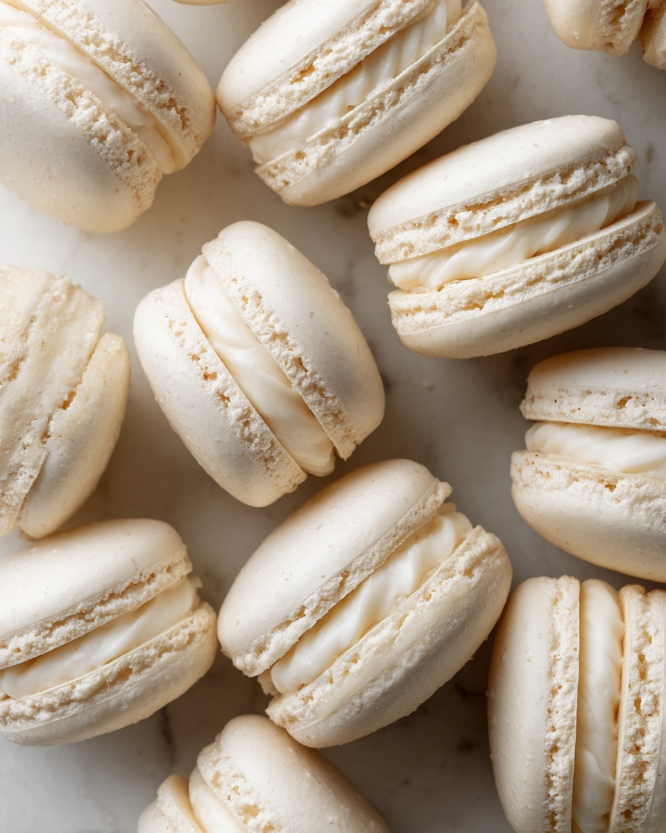 The image shows a close-up view of multiple white macarons arranged closely together. Each macaron has two smooth, round shells with a slightly rough edge, creating a delicate crumbly texture. Between the shells, there is a creamy layer of pale beige filling that is evenly spread, visible in all the macarons. The macarons are placed on a white marbled surface, enhancing their soft and light color. The overall look is neat and uniform, emphasizing the smooth, crisp outer shells and the creamy center of the macarons. photo taken with an iphone --ar 4:5 --v 7