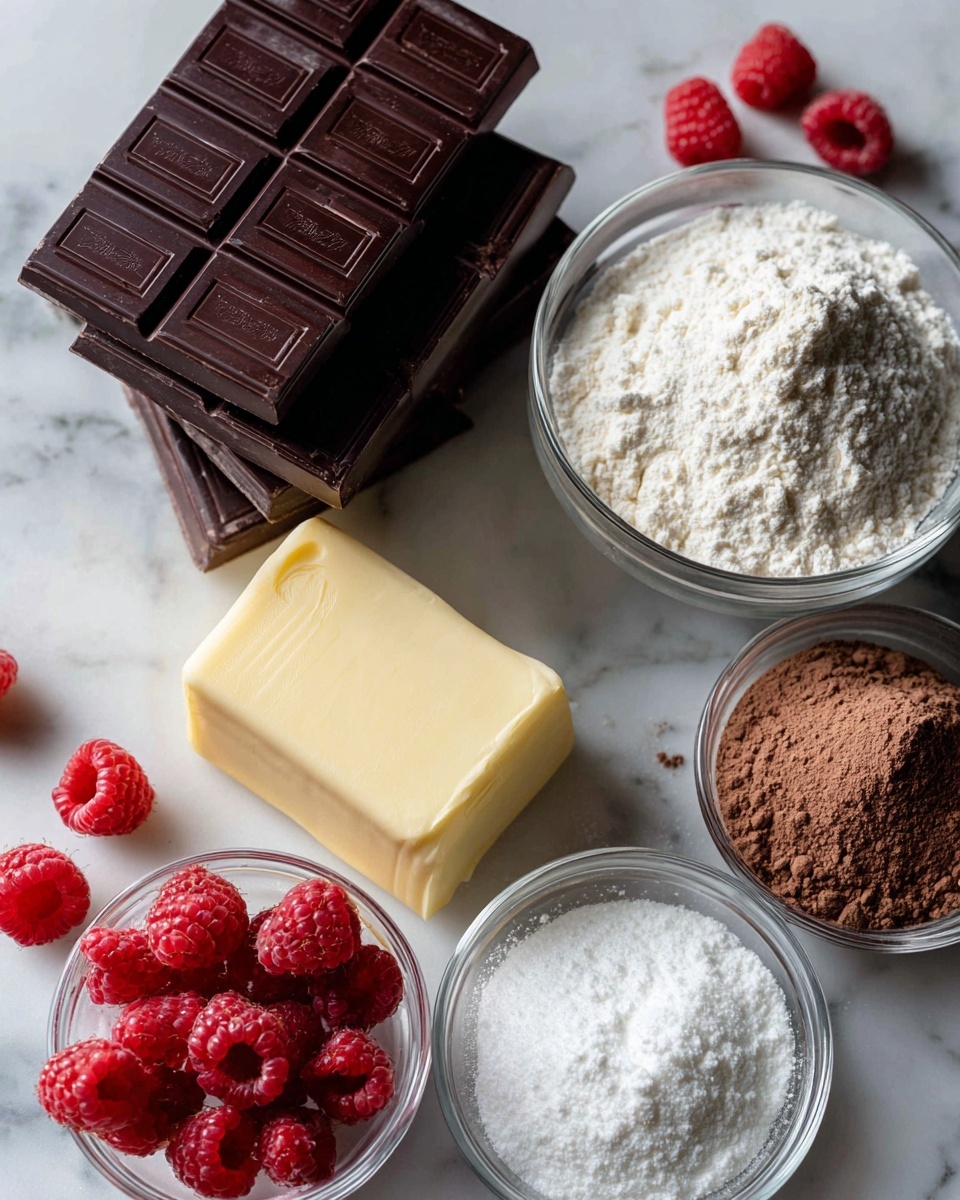 The image shows several ingredients on a white marbled surface arranged in small clear glass bowls and on the surface directly. There are three dark brown chocolate bars stacked slightly overlapping on the upper left. Next to the chocolate bars on the right is a clear bowl full of white flour. Below the flour, there is another smaller clear bowl with brown cocoa powder. On the left side near the bottom, a rectangular block of yellow butter is placed directly on the surface. Near the butter on the right, there is a clear bowl filled with white powder, likely powdered sugar. Scattered around the bowls and ingredients are fresh red raspberries, some whole and some partially broken. A small amount of white granulated sugar is also placed on the surface below the powdered sugar. The colors contrast nicely against the white marbled background. The photo looks clear, bright, and naturally lit, taken with an iphone --ar 4:5 --v 7