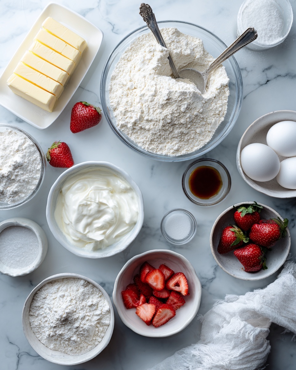 Top view of several clear and white bowls on a white marbled surface, each filled with different ingredients: one bowl is full of white flour, another with white yogurt and a silver spoon inside, one has small red strawberry pieces, a small bowl with vanilla extract, and others contain white sugar, an egg, and white baking powder or soda. There is also a stick of butter partially unwrapped. A white cloth is bunched near the edge. photo taken with an iphone --ar 4:5 --v 7