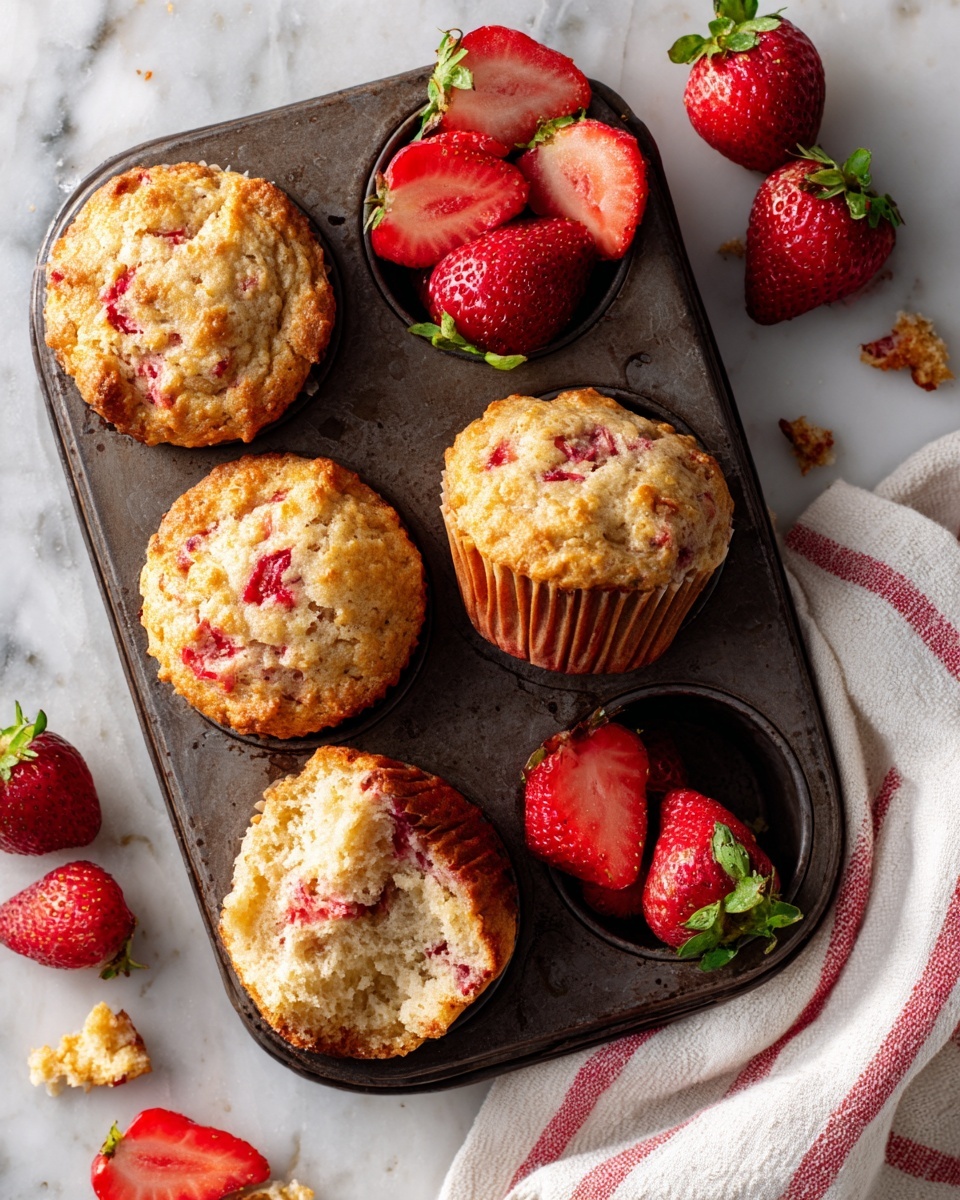 A gray metal muffin tray holds six strawberry muffins, five fully baked with a light golden top dotted with reddish strawberry pieces, and one half-eaten muffin showing its soft, moist inside with strawberry bits visible, placed in the top left cup with its white paper liner slightly crumpled. The bottom right muffin is tilted with a white paper liner visible and is beside another muffin seated firmly. The top right cup contains fresh whole and halved ripe strawberries, bright red with green leafy tops. Around the tray are additional whole and halved strawberries and a white cloth with a red stripe partially visible on a white marbled surface. Photo taken with an iphone --ar 4:5 --v 7