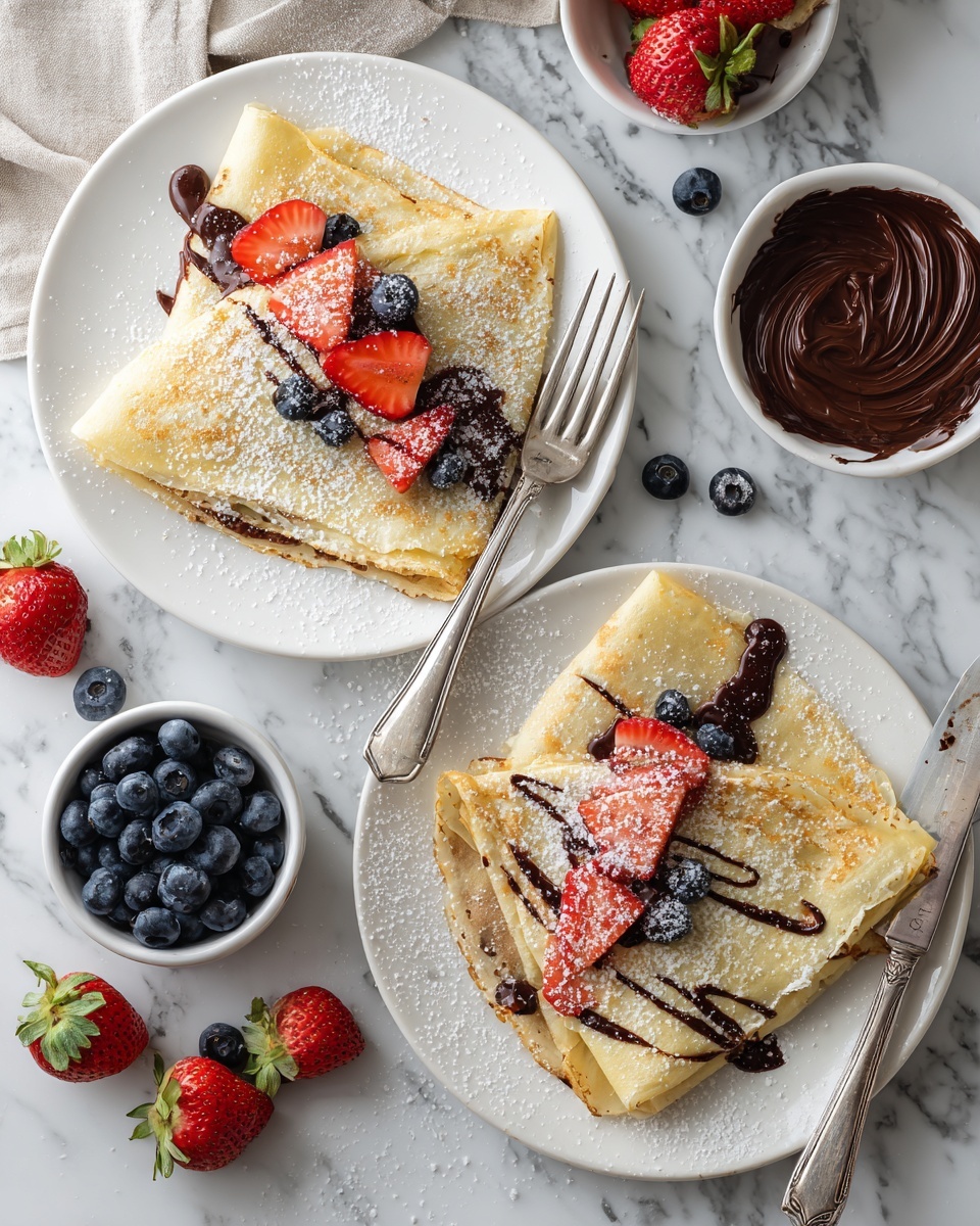 Two white plates each hold three folded light golden crepes arranged in a fan shape. The crepes are layered with thin slices of red strawberries and small round blueberries scattered on top and around the plate. A dark chocolate sauce is drizzled in thin stripes over the crepes. Powdered sugar is sprinkled lightly over everything. Next to one plate lie a silver fork and knife resting on the plate’s edge. Surrounding the plates on a white marbled surface are small bowls filled with blueberries, a swirled pile of chocolate spread, and some fresh strawberries. photo taken with an iphone --ar 4:5 --v 7