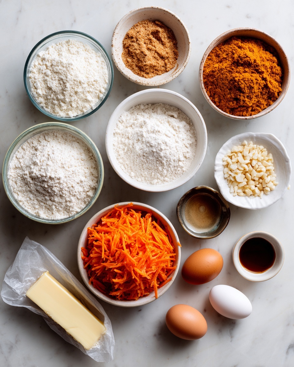 The image shows many glass bowls and cups with ingredients for baking, all arranged neatly on a white marbled surface. There are two white bowls filled with two different types of flour, one is fine and white, the other is light brown and coarse. Another bowl holds a large amount of shredded orange carrots. There is a small bowl with a brown powder, and another small bowl with what looks like nuts or seeds. A stick of butter is placed next to the bowls, wrapped in paper. Two whole eggs sit nearby, along with small bowls of liquid ingredients, likely vanilla and oil. The ingredients create a bright and organized scene. Photo taken with an iphone --ar 4:5 --v 7