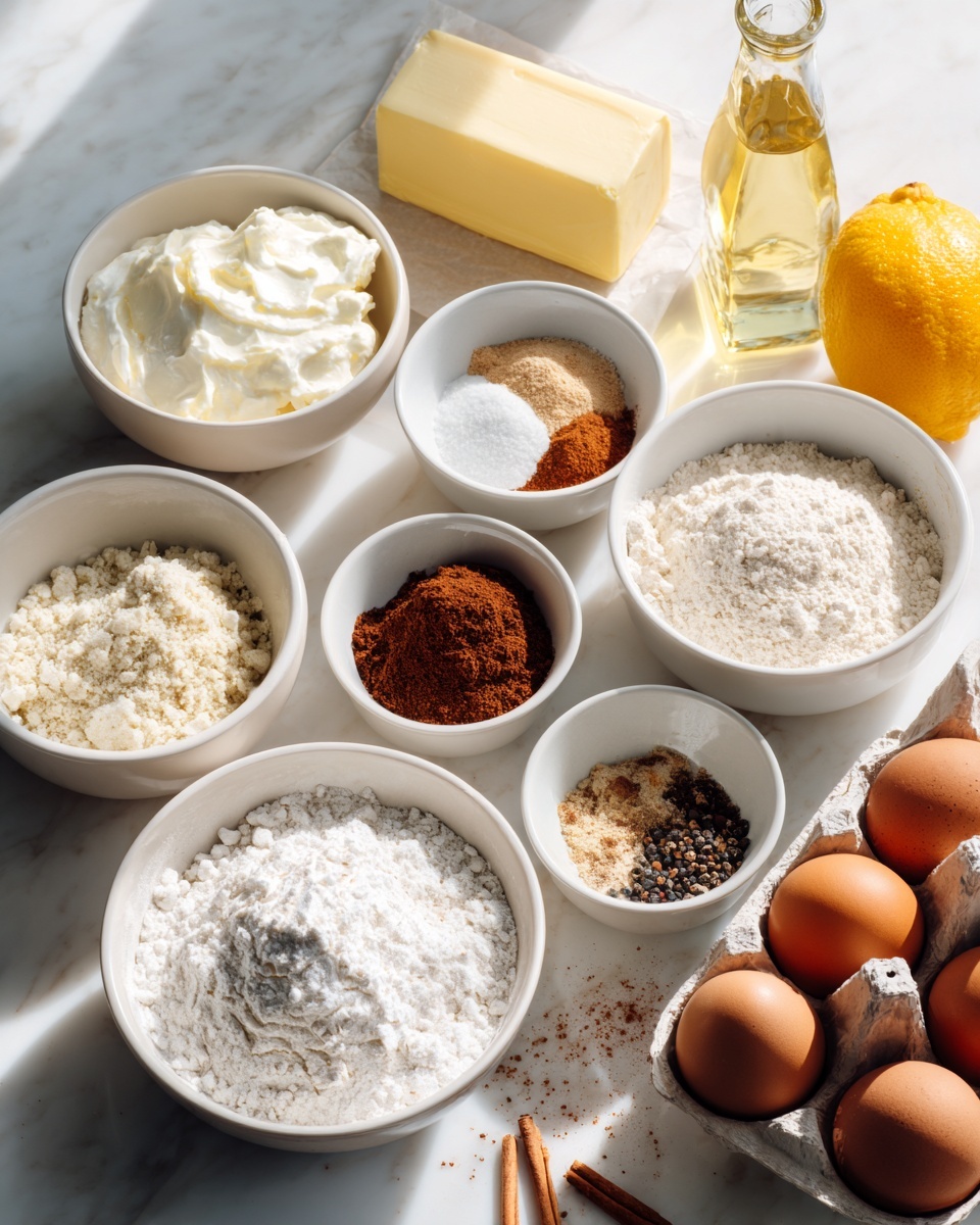 A collection of baking ingredients is arranged on a white marbled surface. There are seven white bowls filled with different ingredients: one with a thick white cream, one with a powdery white flour, one with a light brown almond meal, one with a mix of white and brown spices including cinnamon and baking powder, and one with small whole spices and ground black pepper. Next to the bowls, a block of pale yellow butter is partially unwrapped. To the right, a bottle of clear liquid, a yellow lemon, and an orange are placed beside a carton holding two brown eggs. The scene is well-lit with soft shadows, capturing the textures and natural colors of the ingredients photo taken with an iphone --ar 4:5 --v 7
